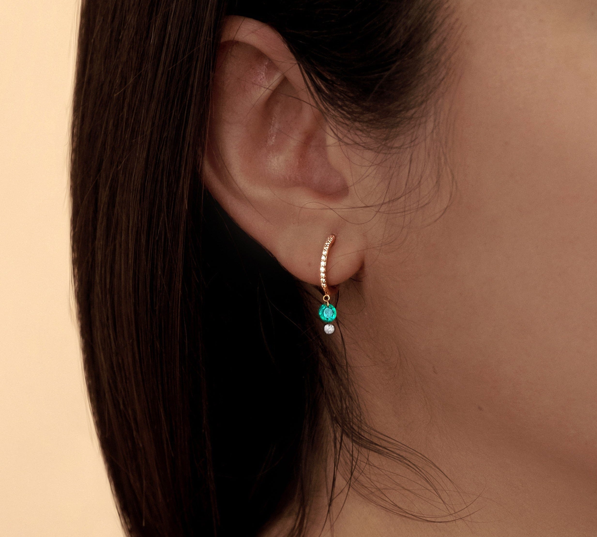 Earrings 18K Gold Drilled Emerald and Pave Diamond Huggie Hoops Earrings