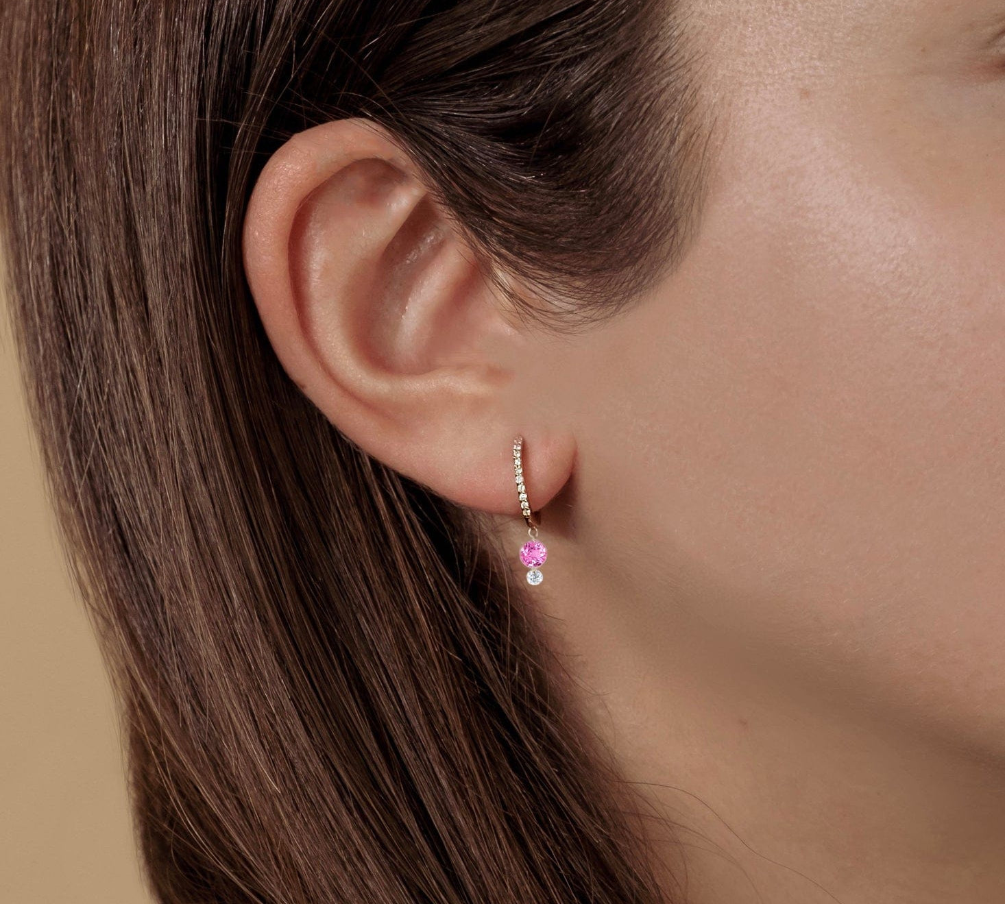 Earrings 18K Gold Drilled Pink Sapphire an Diamond Huggie Hoops Earrings