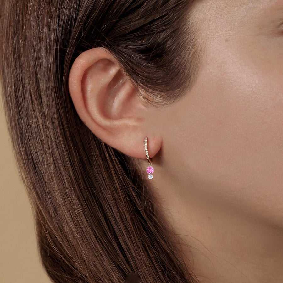 Earrings 18K Gold Drilled Pink Sapphire an Diamond Huggie Hoops Earrings