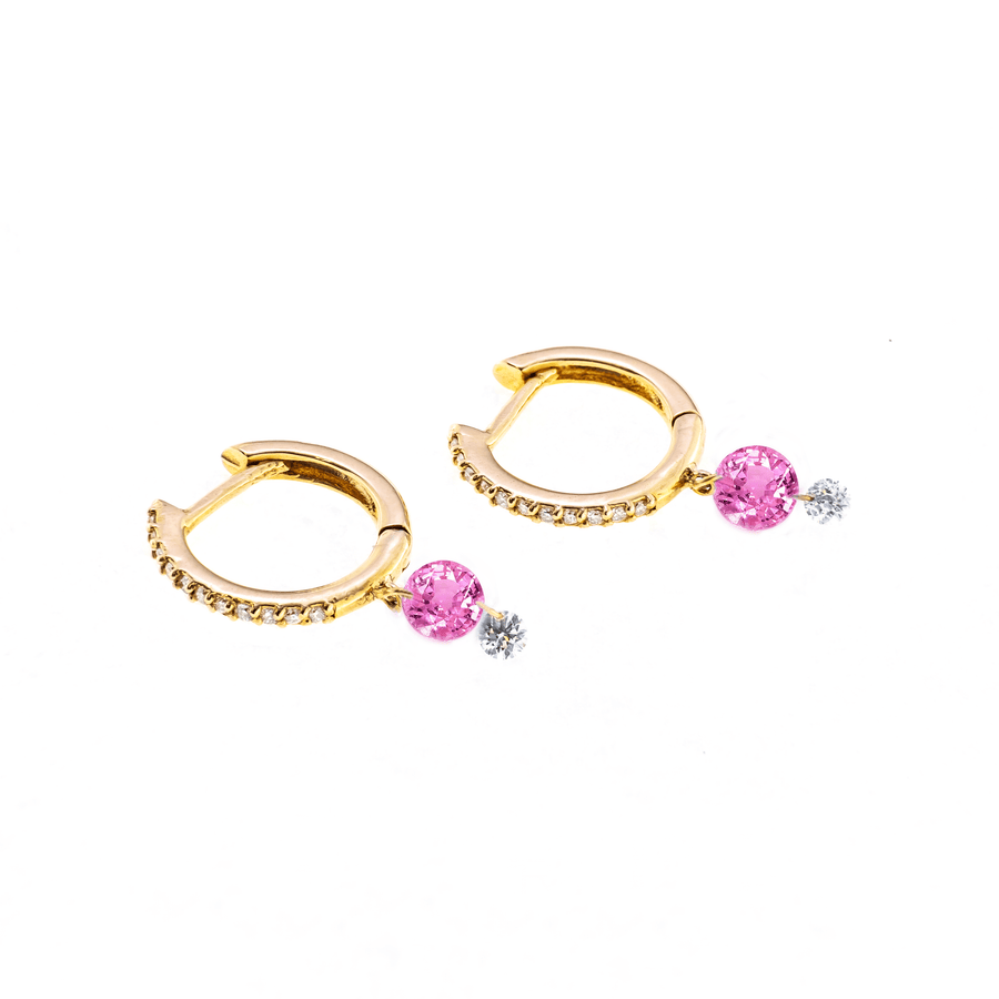 Earrings 18K Gold Drilled Pink Sapphire Huggie Hoops Earrings