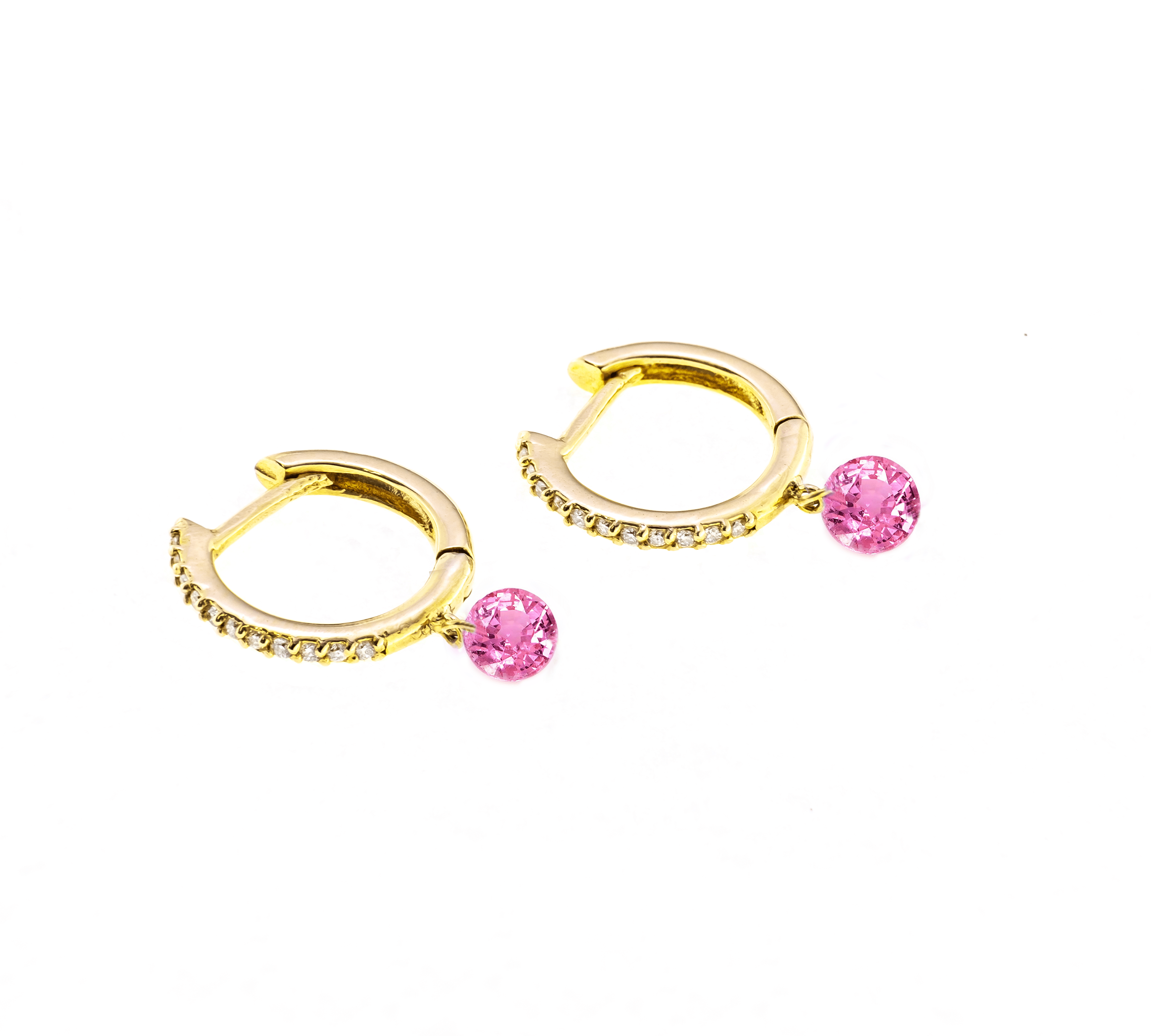 Earrings 18K Gold Drilled Pink Sapphire Huggie Hoops Earrings