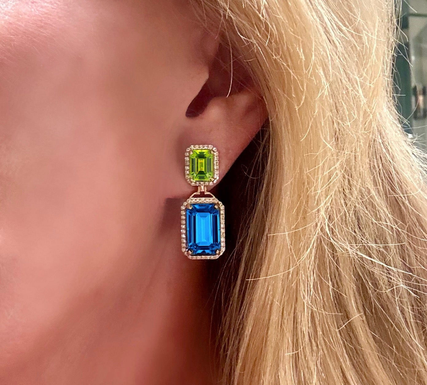 Earrings 18K Gold Green Peridot and Blue Topaz Surrounded By Diamonds Drop Earrings