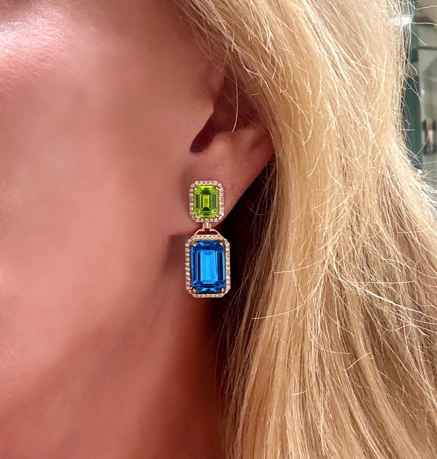 Earrings 18K Gold Green Peridot and Blue Topaz Surrounded By Diamonds Drop Earrings