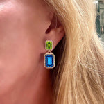 Earrings 18K Gold Green Peridot and Blue Topaz Surrounded By Diamonds Drop Earrings