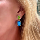 Earrings 18K Gold Green Peridot and Blue Topaz Surrounded By Diamonds Drop Earrings