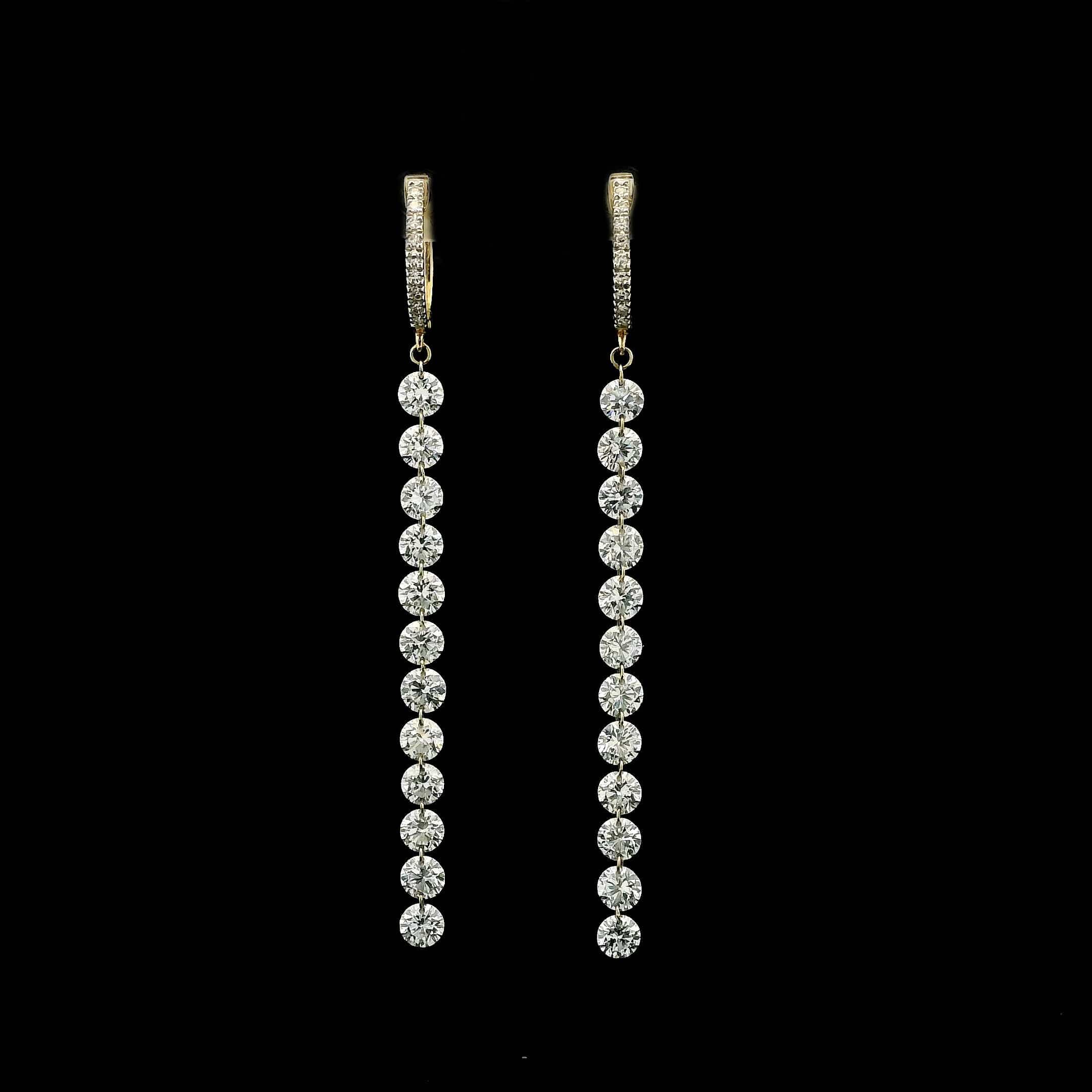 Earrings 18K Gold Invisible Set Laser Drilled Drop Round Diamond Huggie Hoops Earrings, Lab Grown