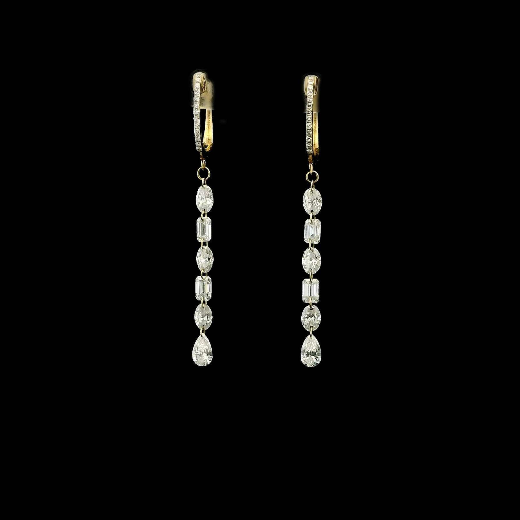 Earrings 18K Gold Invisible Set Laser Drilled Multi-Shape Diamond Earrings, Lab Grown