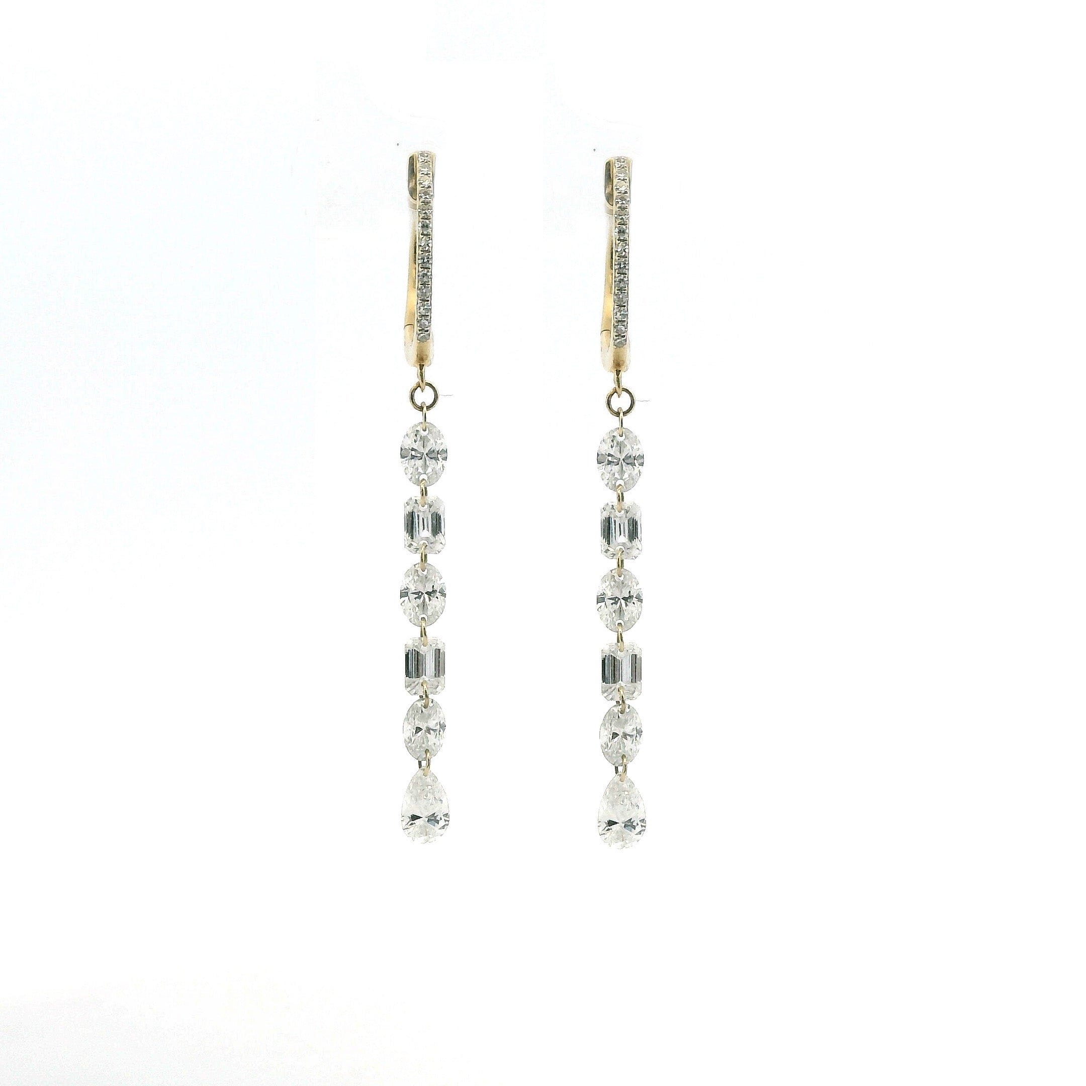 Earrings 18K Gold Invisible Set Laser Drilled Multi-Shape Diamond Earrings, Lab Grown