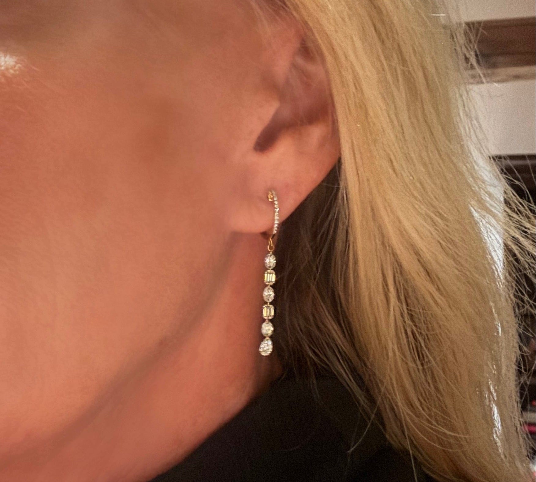 Earrings 18K Gold Invisible Set Laser Drilled Multi-Shape Diamond Earrings, Lab Grown