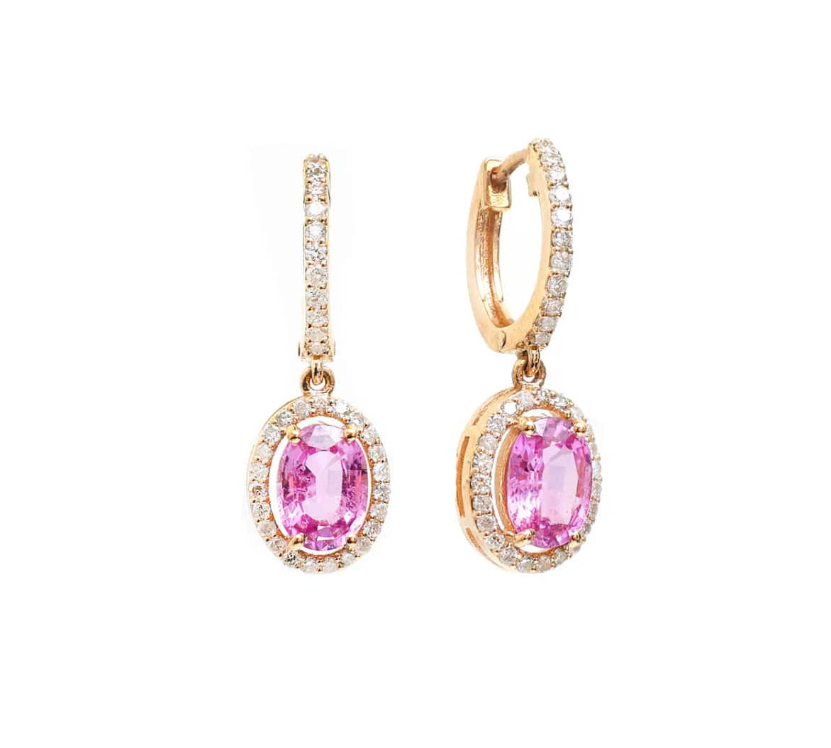Earrings 18K Gold Pink Sapphire Halo Pave Diamond Dangle Huggie Hoop Earrings