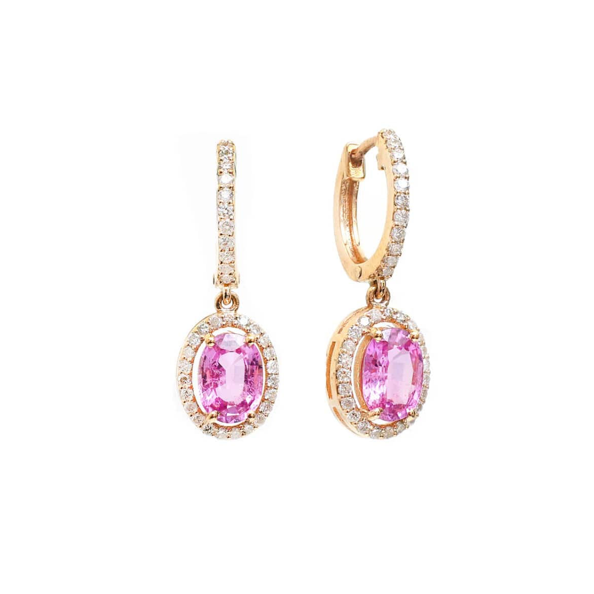 Earrings 18K Gold Pink Sapphire Halo Pave Diamond Dangle Huggie Hoop Earrings