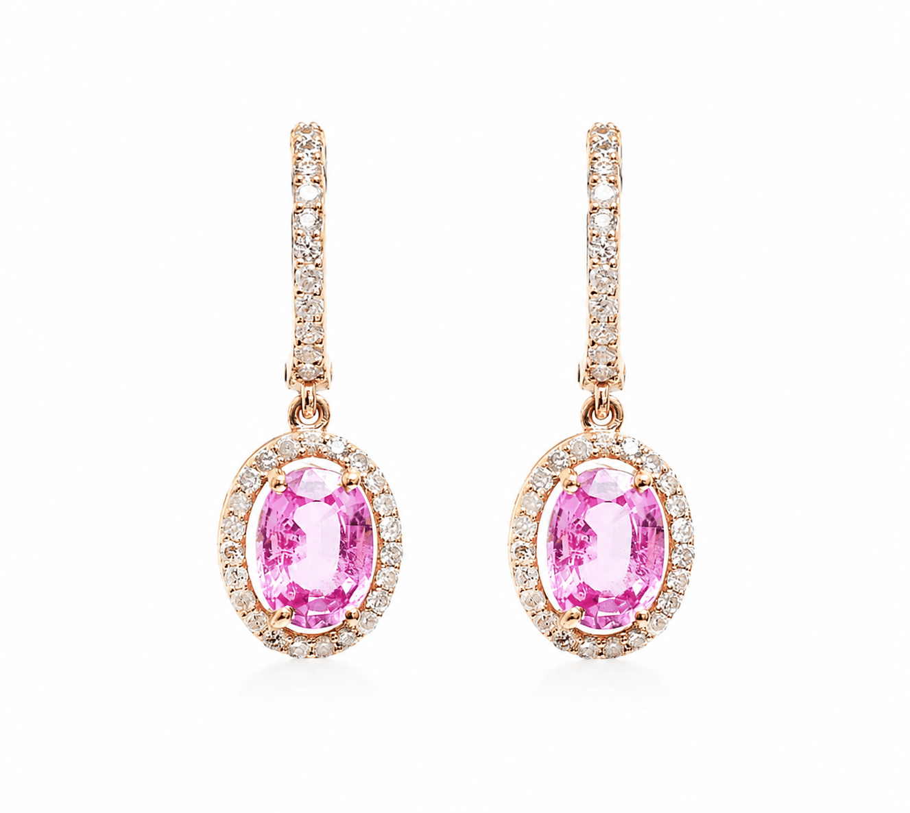 Earrings 18K Gold Pink Sapphire Halo Pave Diamond Dangle Huggie Hoop Earrings