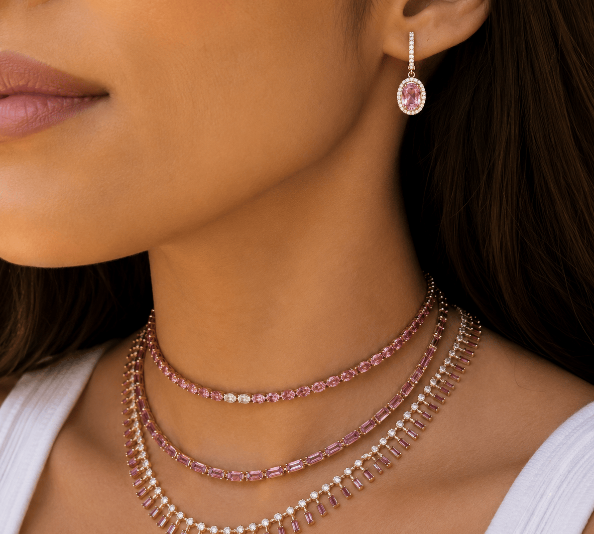 Earrings 18K Gold Pink Sapphire Halo Pave Diamond Dangle Huggie Hoop Earrings
