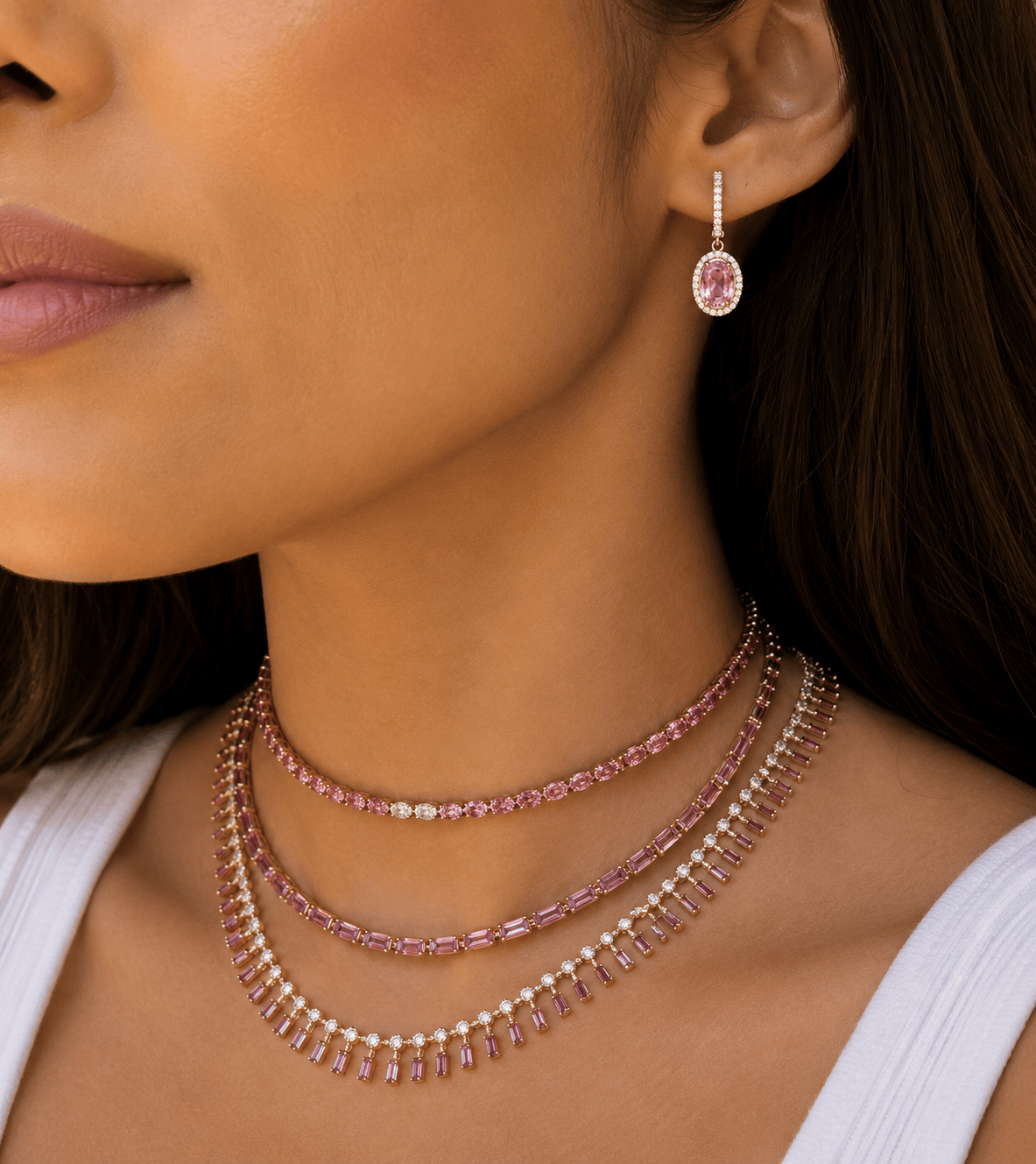 Earrings 18K Gold Pink Sapphire Halo Pave Diamond Dangle Huggie Hoop Earrings