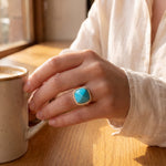 Earrings 18K Gold Sugarloaf Cut Turquoise and Pave Diamond Ring