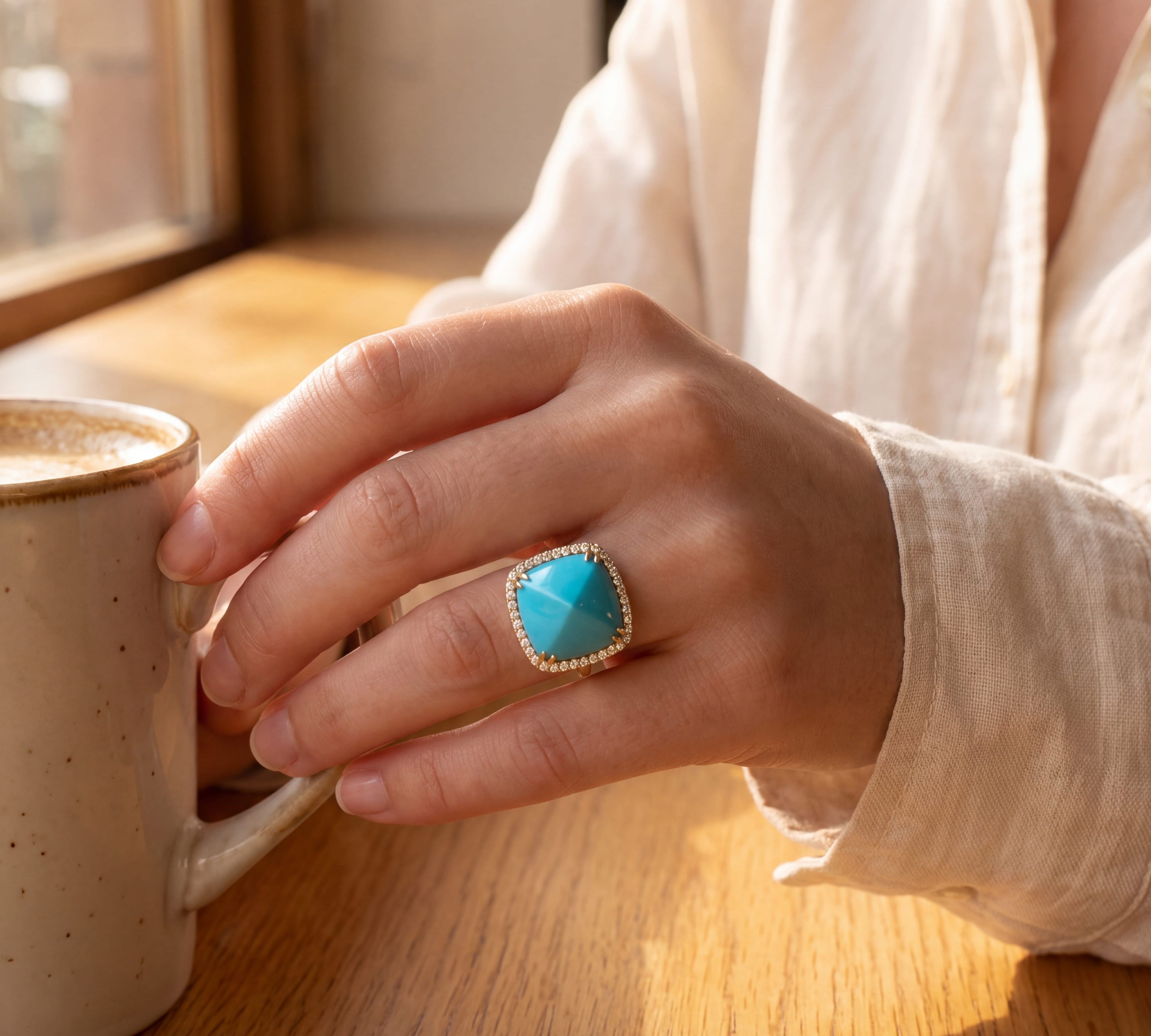 Earrings 18K Gold Sugarloaf Cut Turquoise and Pave Diamond Ring