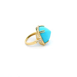Earrings 18K Gold Sugarloaf Cut Turquoise and Pave Diamond Ring