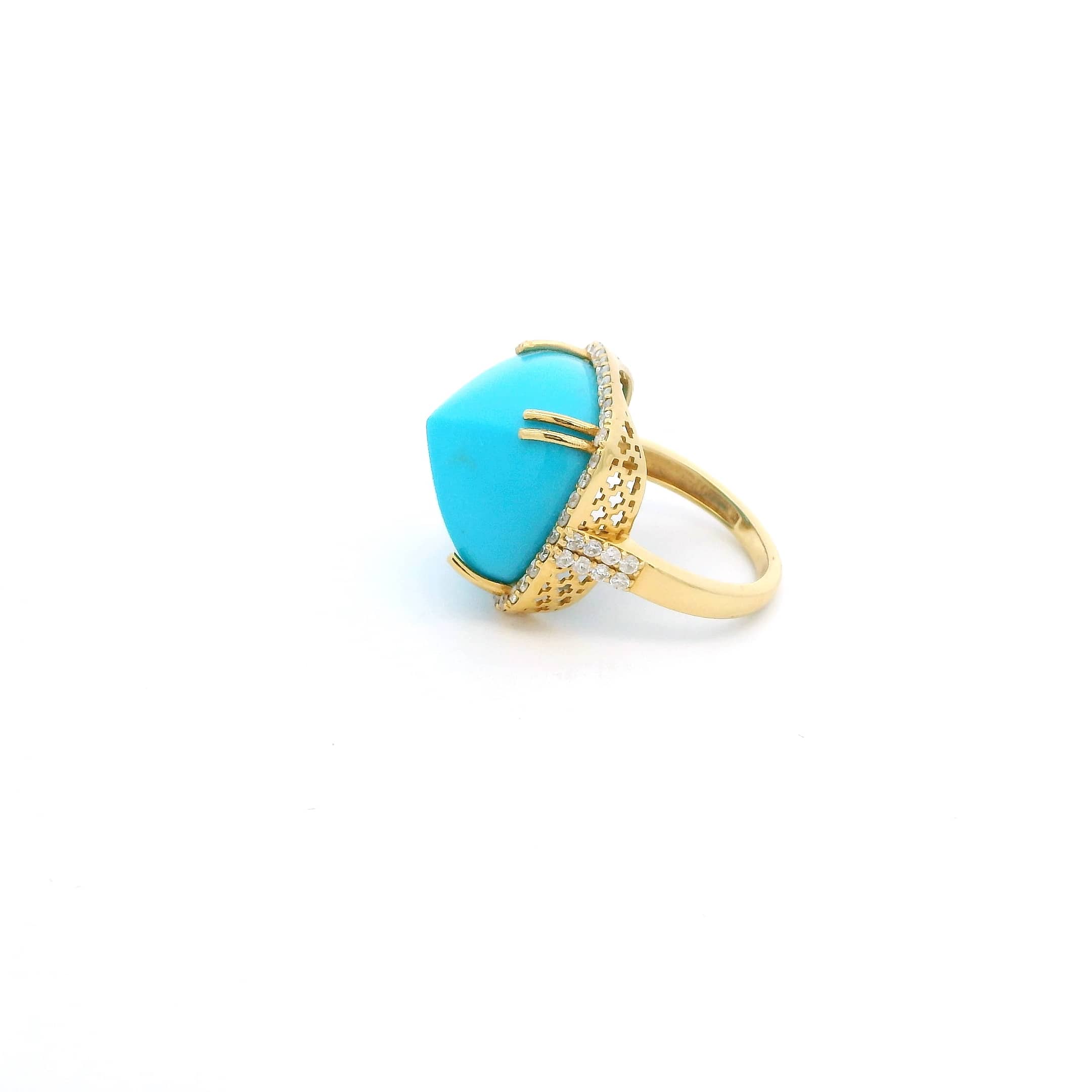 Earrings 18K Gold Sugarloaf Cut Turquoise and Pave Diamond Ring