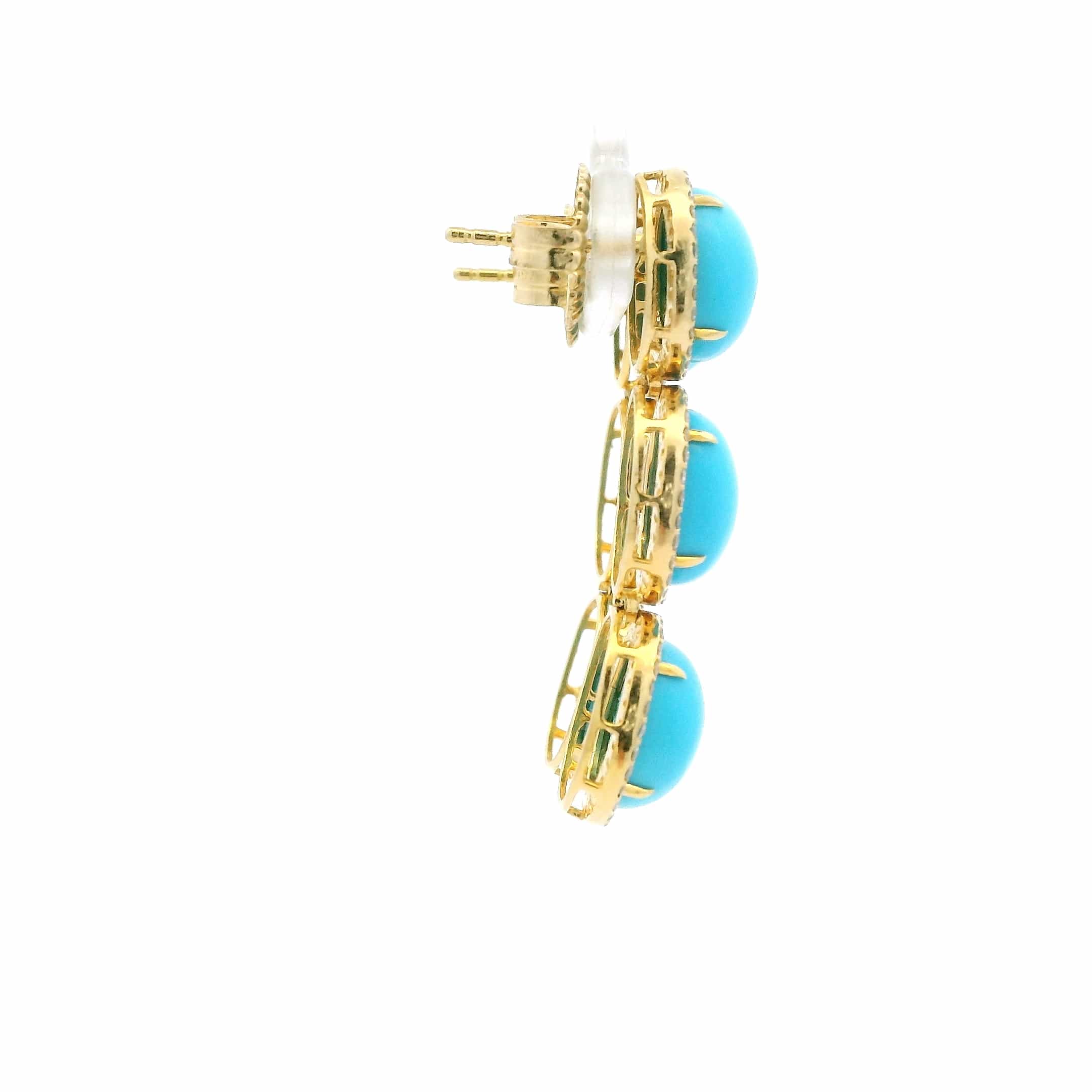 Earrings 18K Gold Turquoise and Pave Diamond drop Oval Earrings
