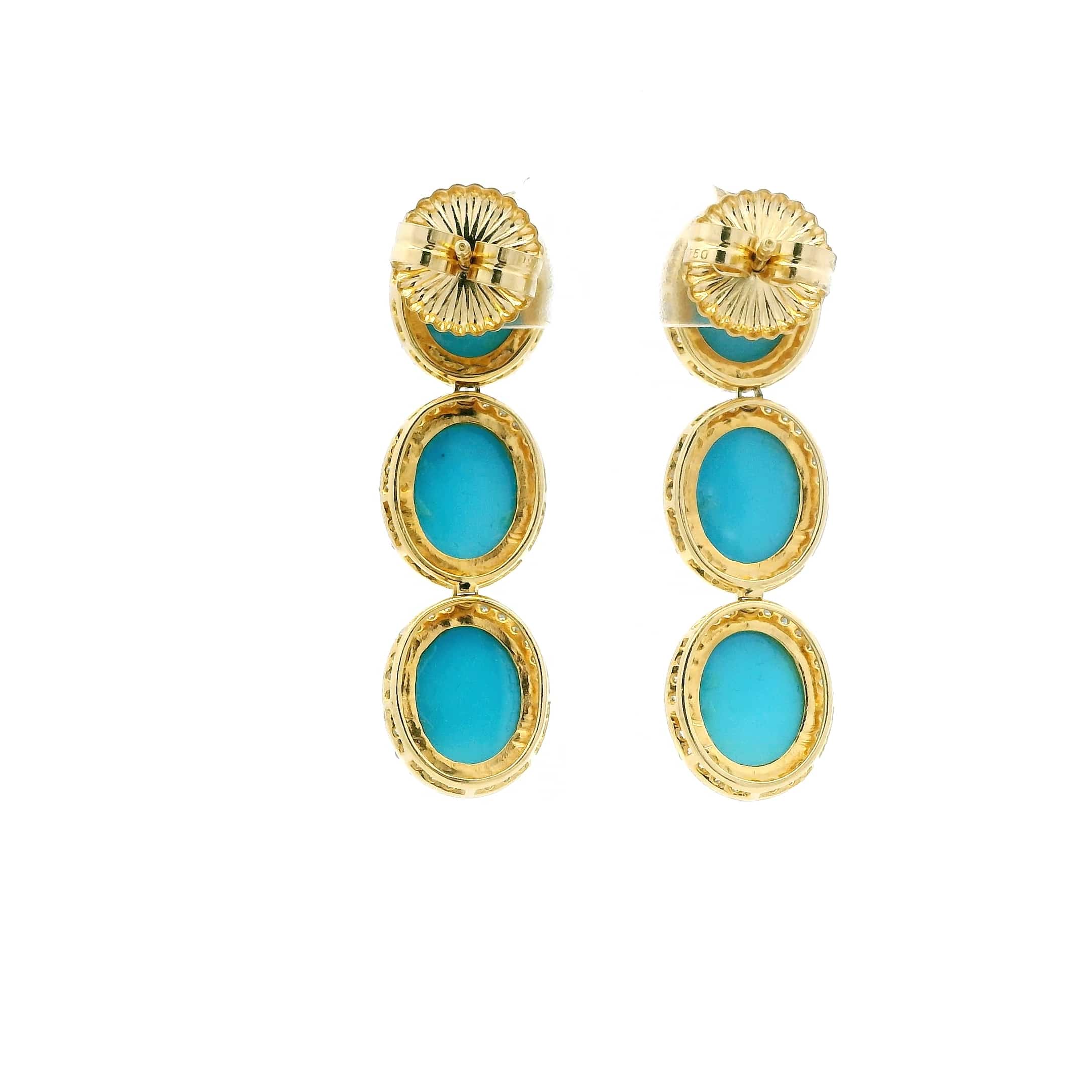 Earrings 18K Gold Turquoise and Pave Diamond drop Oval Earrings