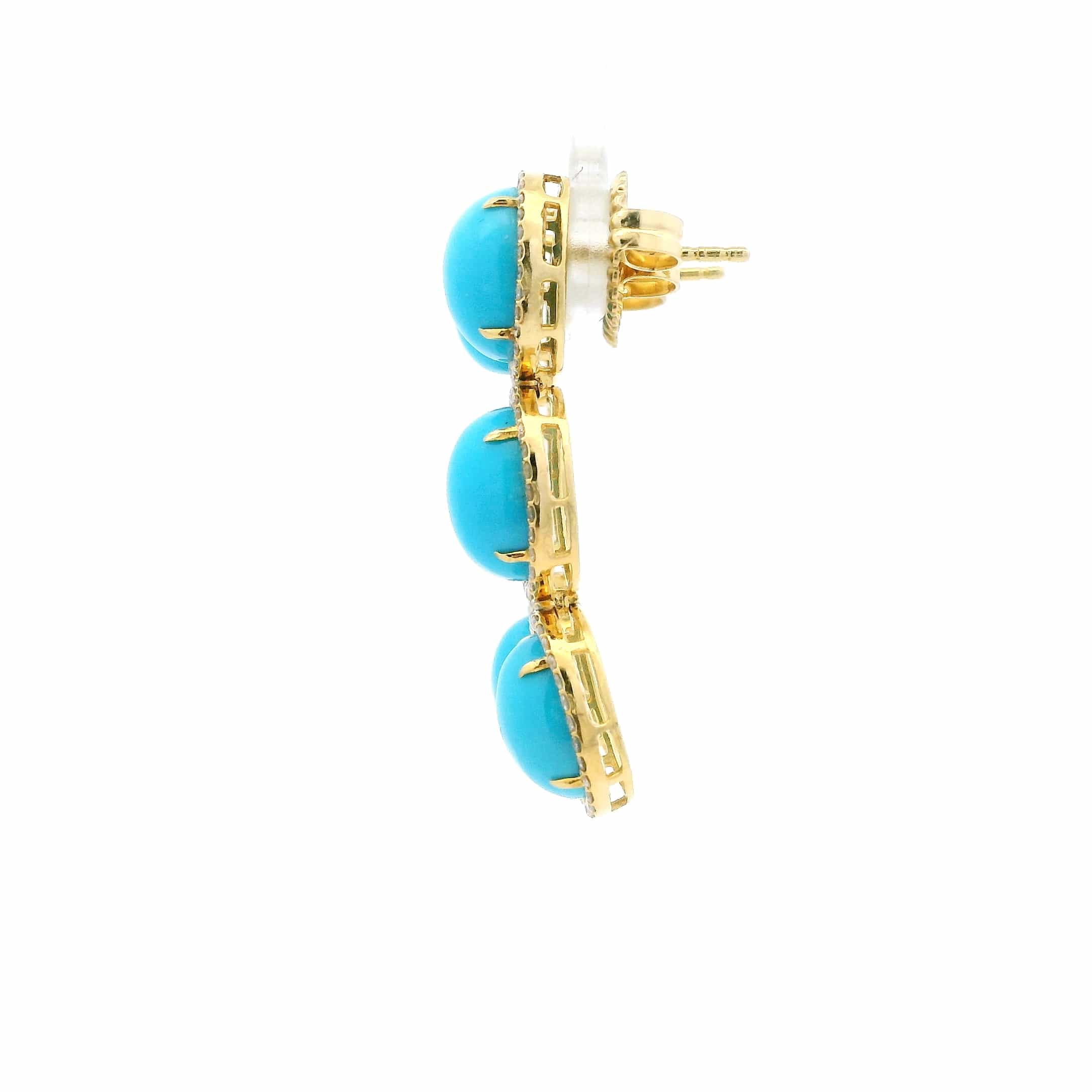 Earrings 18K Gold Turquoise and Pave Diamond drop Oval Earrings