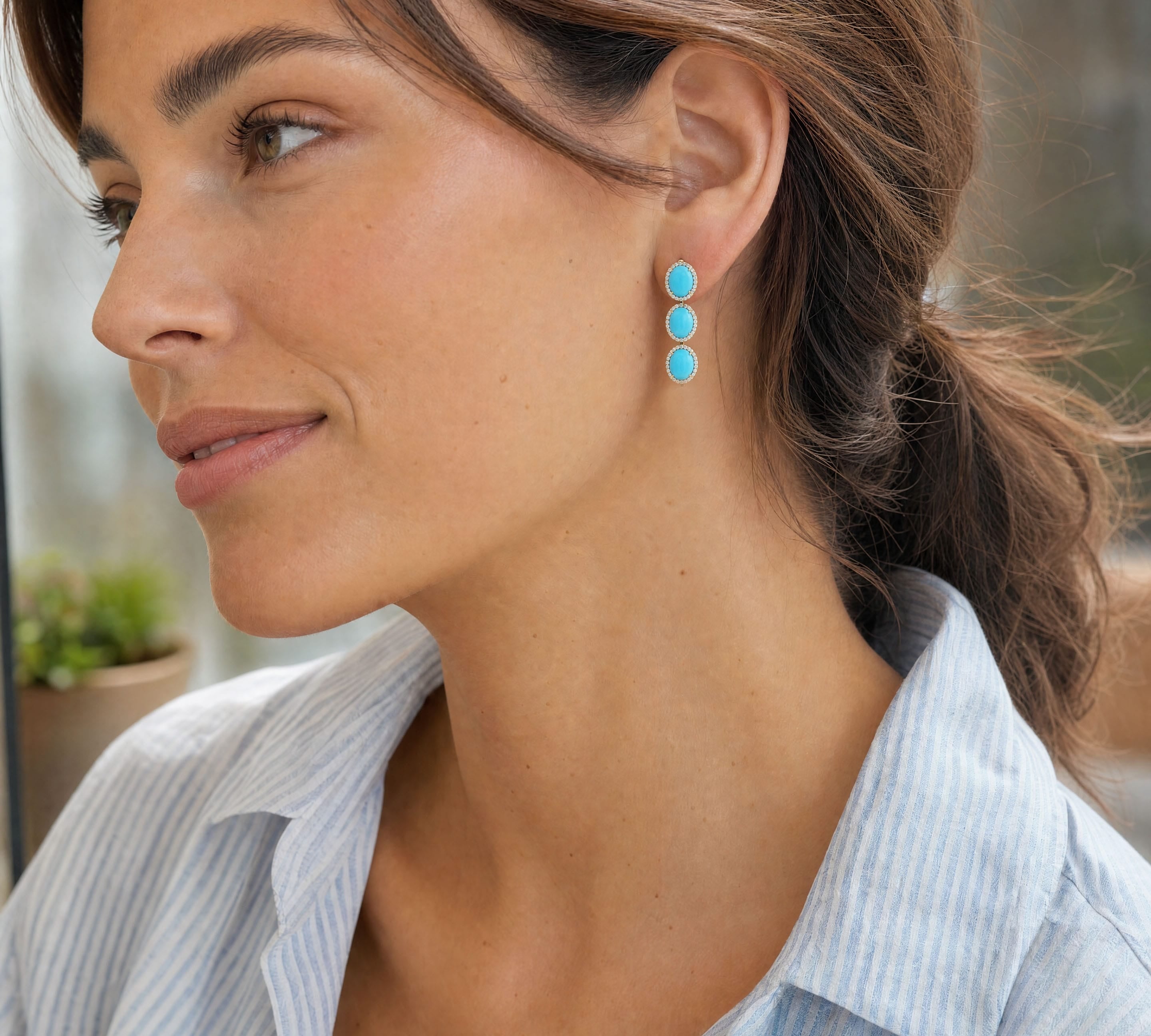 Earrings 18K Gold Turquoise and Pave Diamond drop Oval Earrings