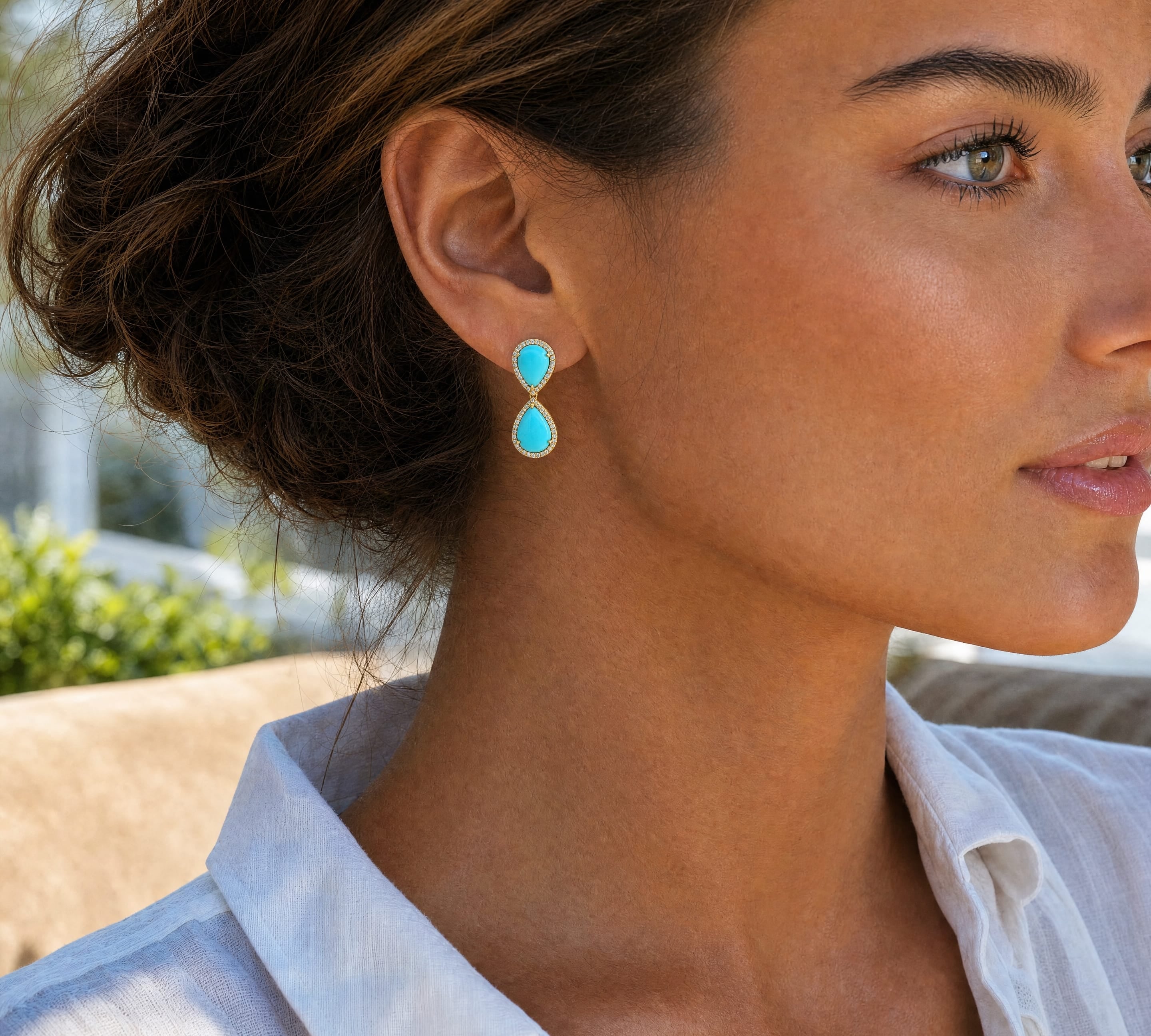 Earrings 18K Gold Turquoise and Pave Diamond drop Pear Earrings