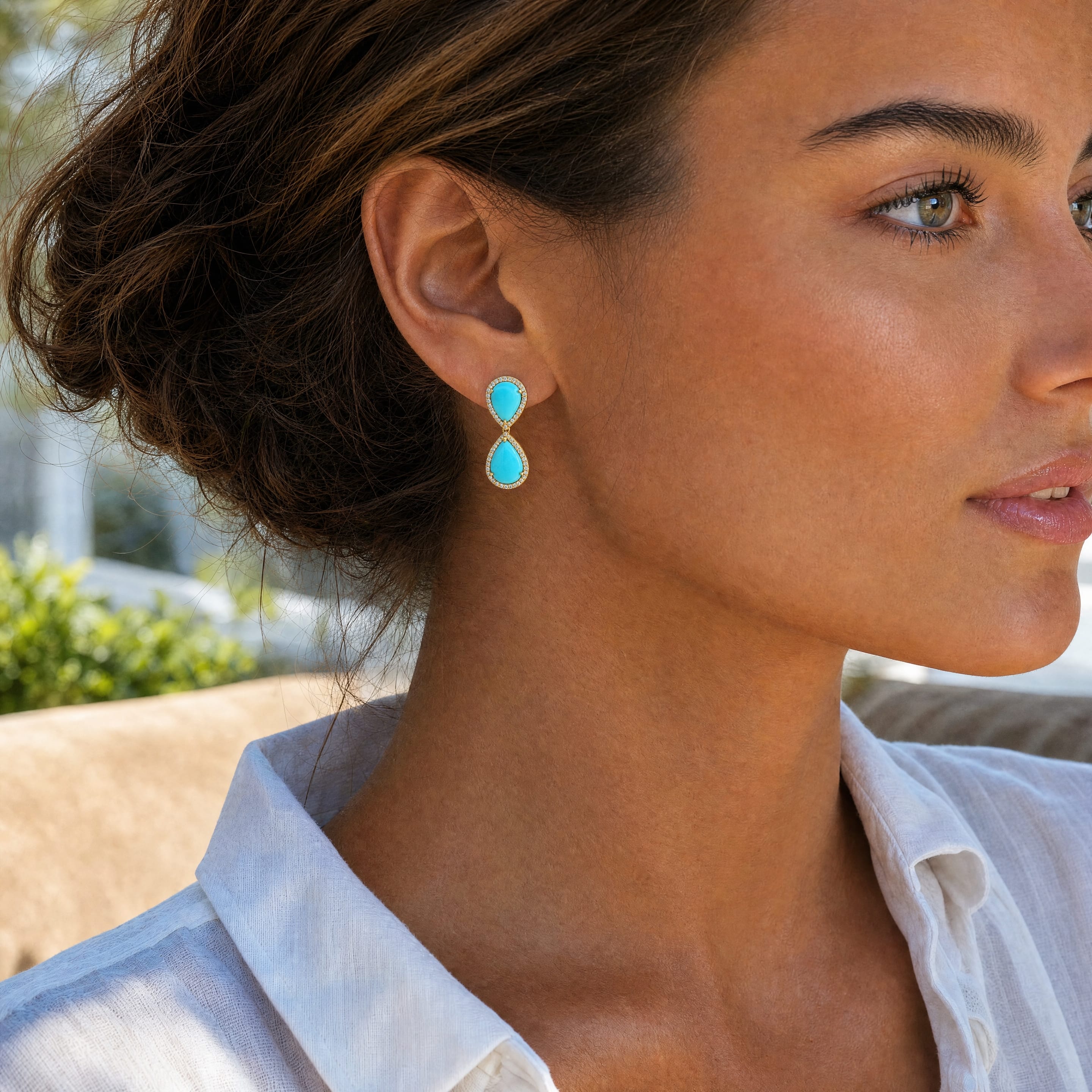 Earrings 18K Gold Turquoise and Pave Diamond drop Pear Earrings