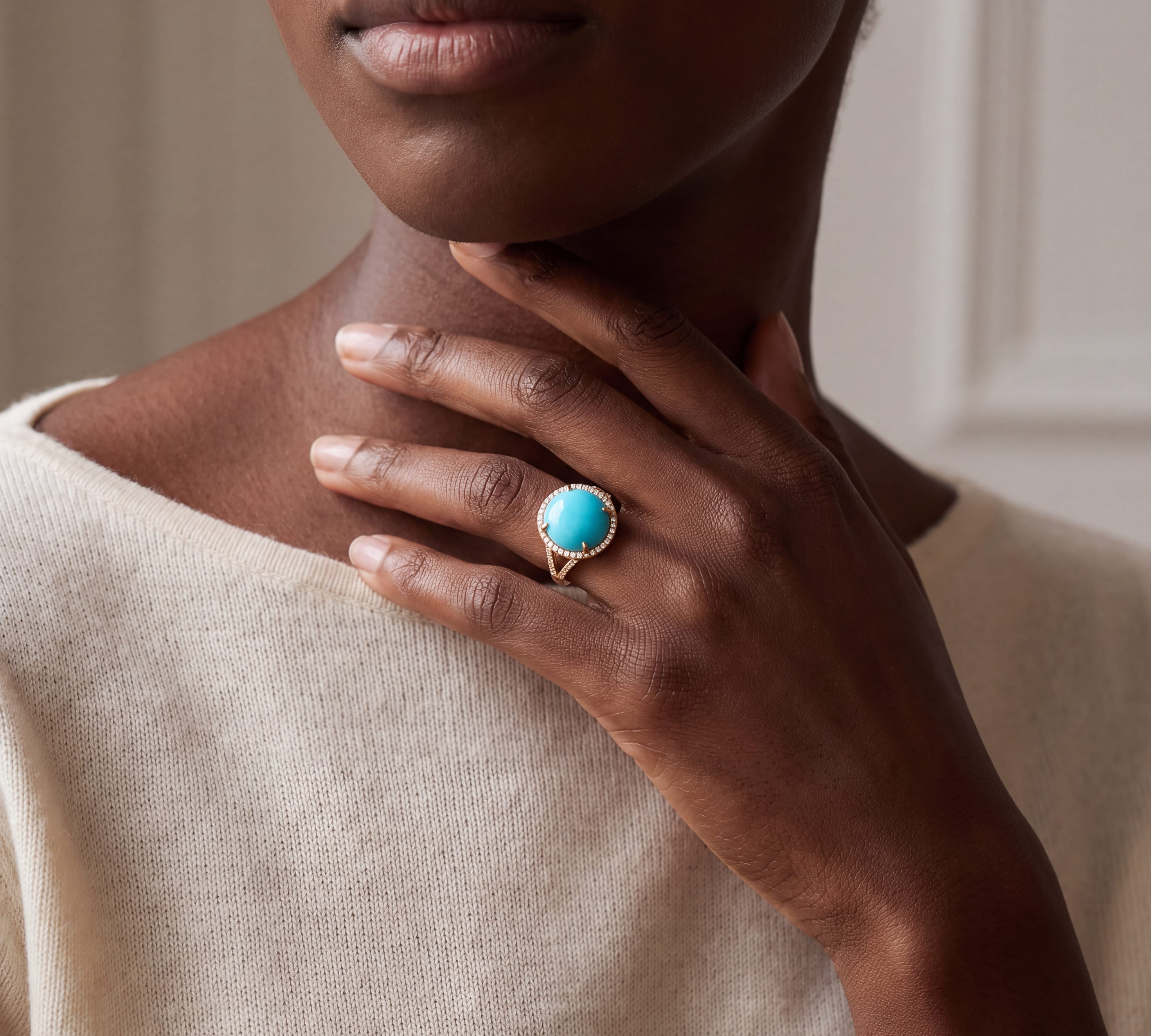 Earrings 18K Gold Turquoise and Pave Diamond Ring