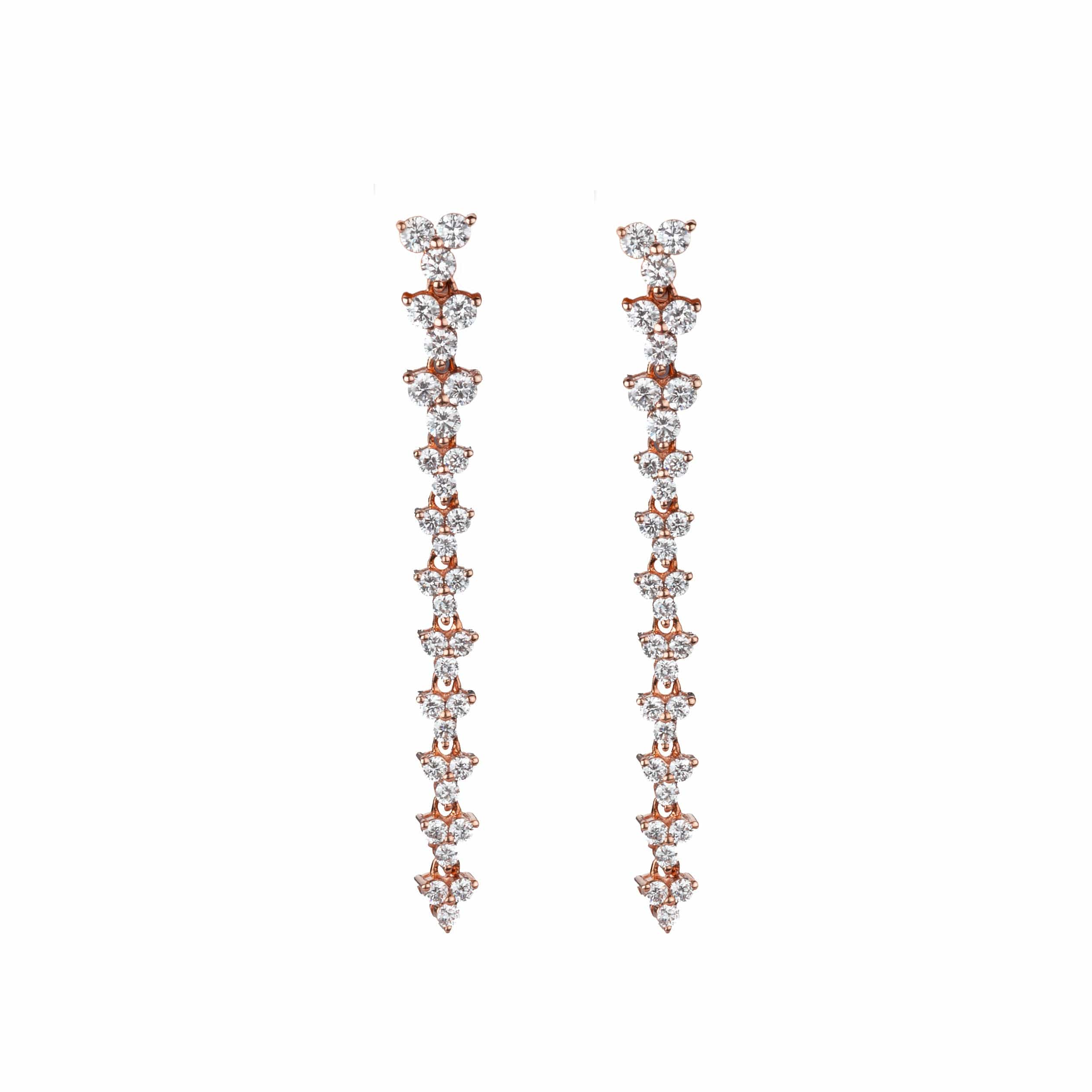 Earrings 6 / Rose Gold 14K Gold Trio of Round Diamonds Drop Earrings