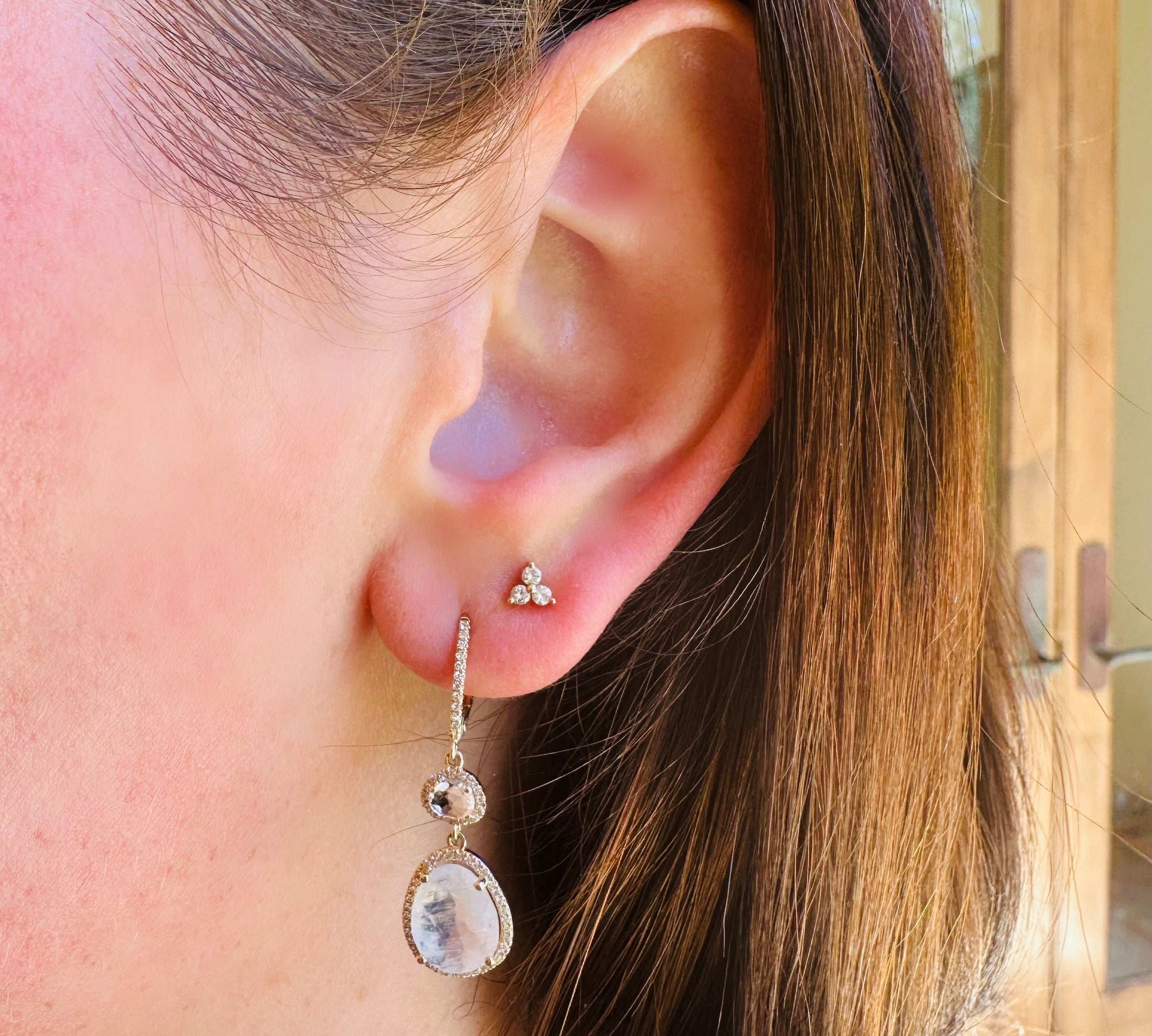 Earrings Moonstone and Diamond Drop Hoop Earrings