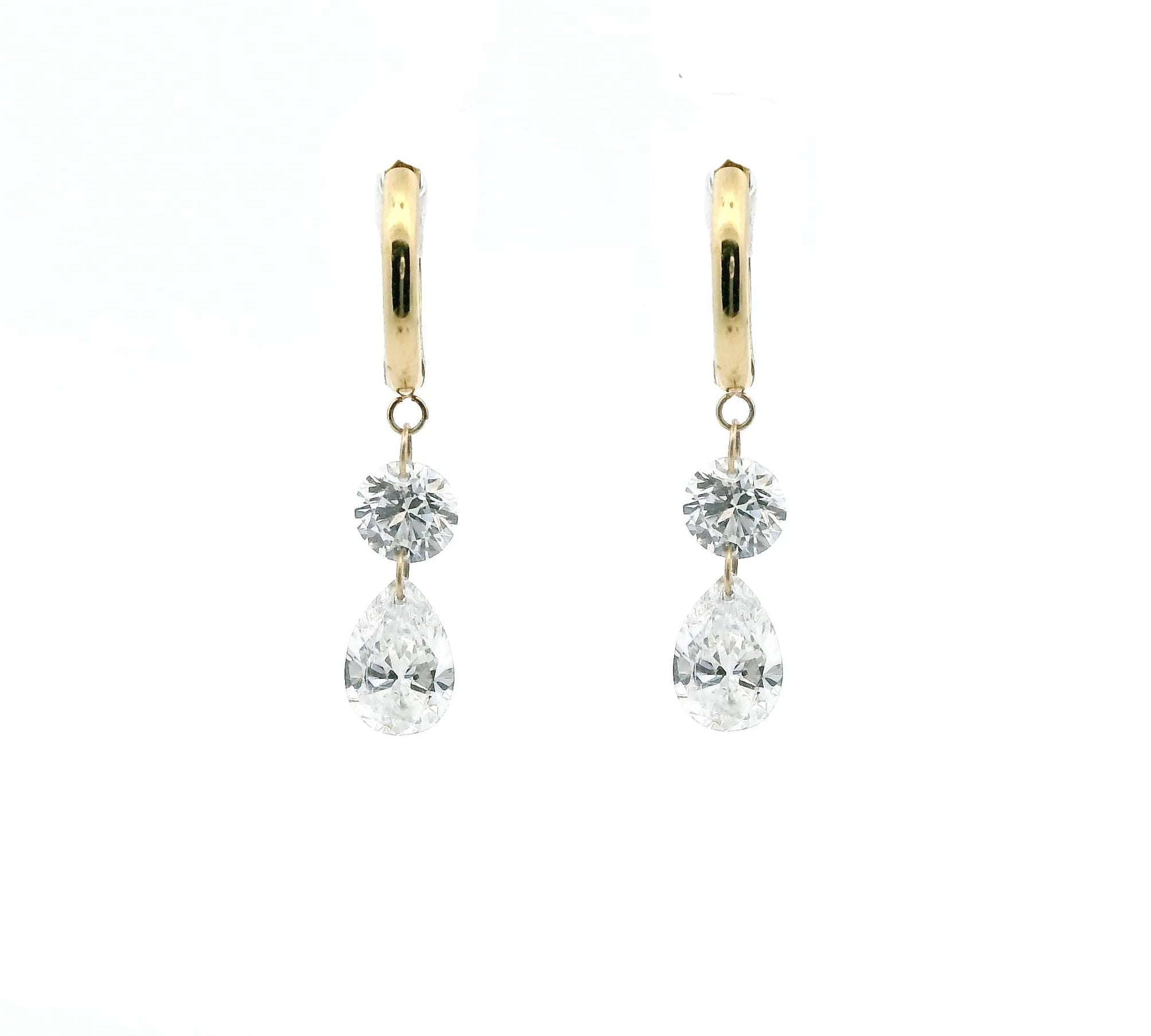 Earrings Rose Gold / 12 Diamonds 14K Gold Invisible Set Laser Drilled Round and Pear Drop Diamond Earrings, Lab Grown