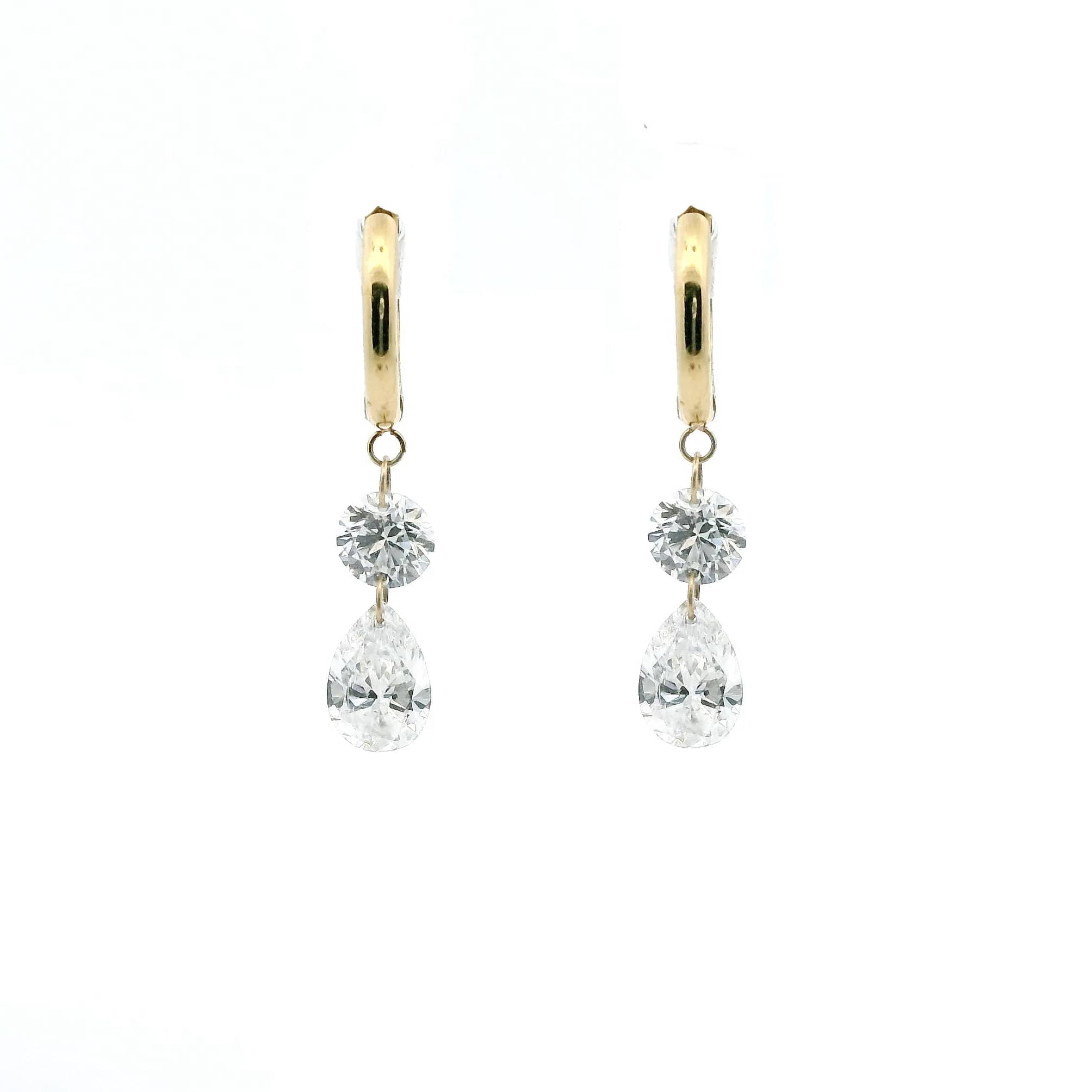 Earrings Rose Gold / 12 Diamonds 14K Gold Invisible Set Laser Drilled Round and Pear Drop Diamond Earrings, Lab Grown