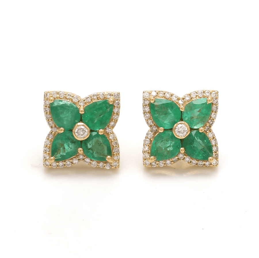 Earrings Rose Gold / 14K 14K & 18K Gold Emerald and Diamond Clover Flower Stud Earrings
