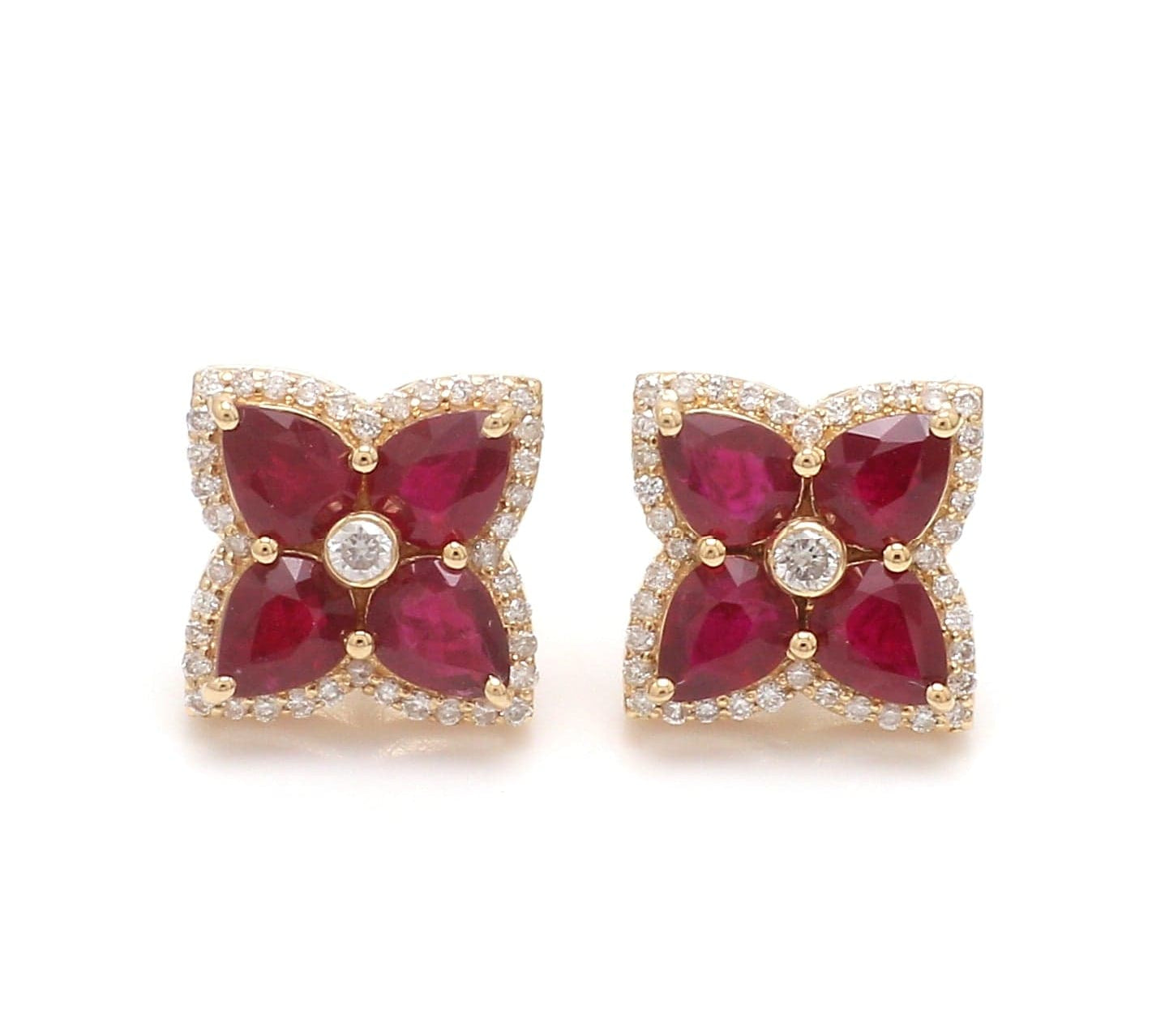 Earrings Rose Gold / 14K 14K & 18K Gold Ruby and Diamond Clover Flower Stud Earrings