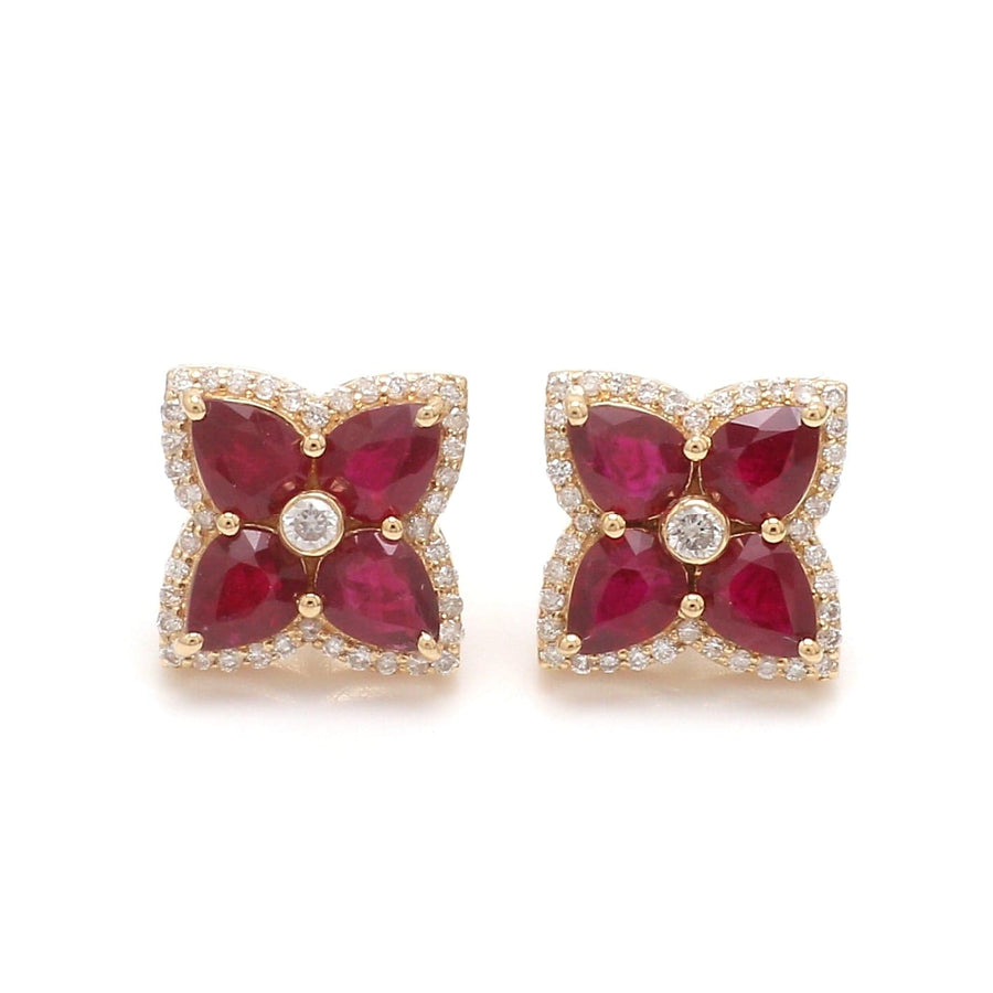 Earrings Rose Gold / 14K 14K & 18K Gold Ruby and Diamond Clover Flower Stud Earrings