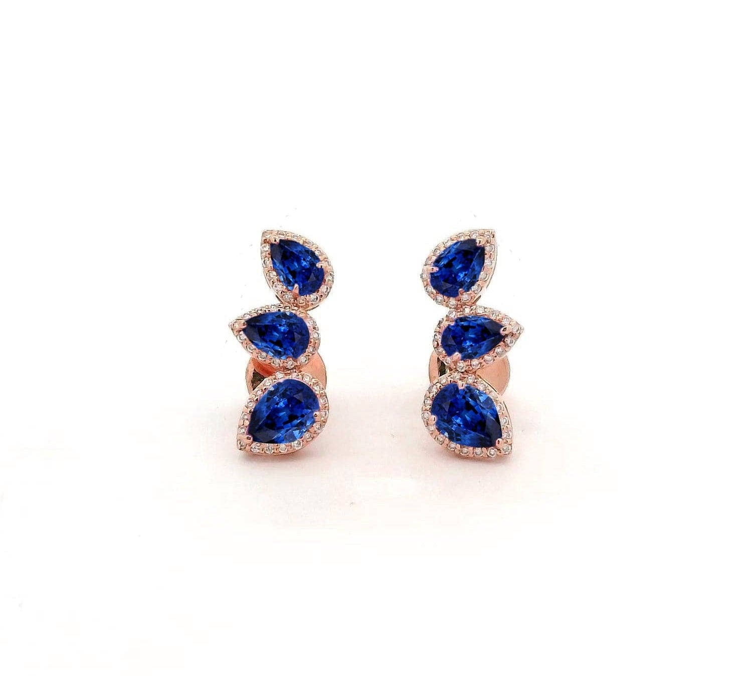 Earrings Rose Gold / 14K 14K & 18K Gold Three Pear Blue Sapphire and Diamond Crawler Earrings