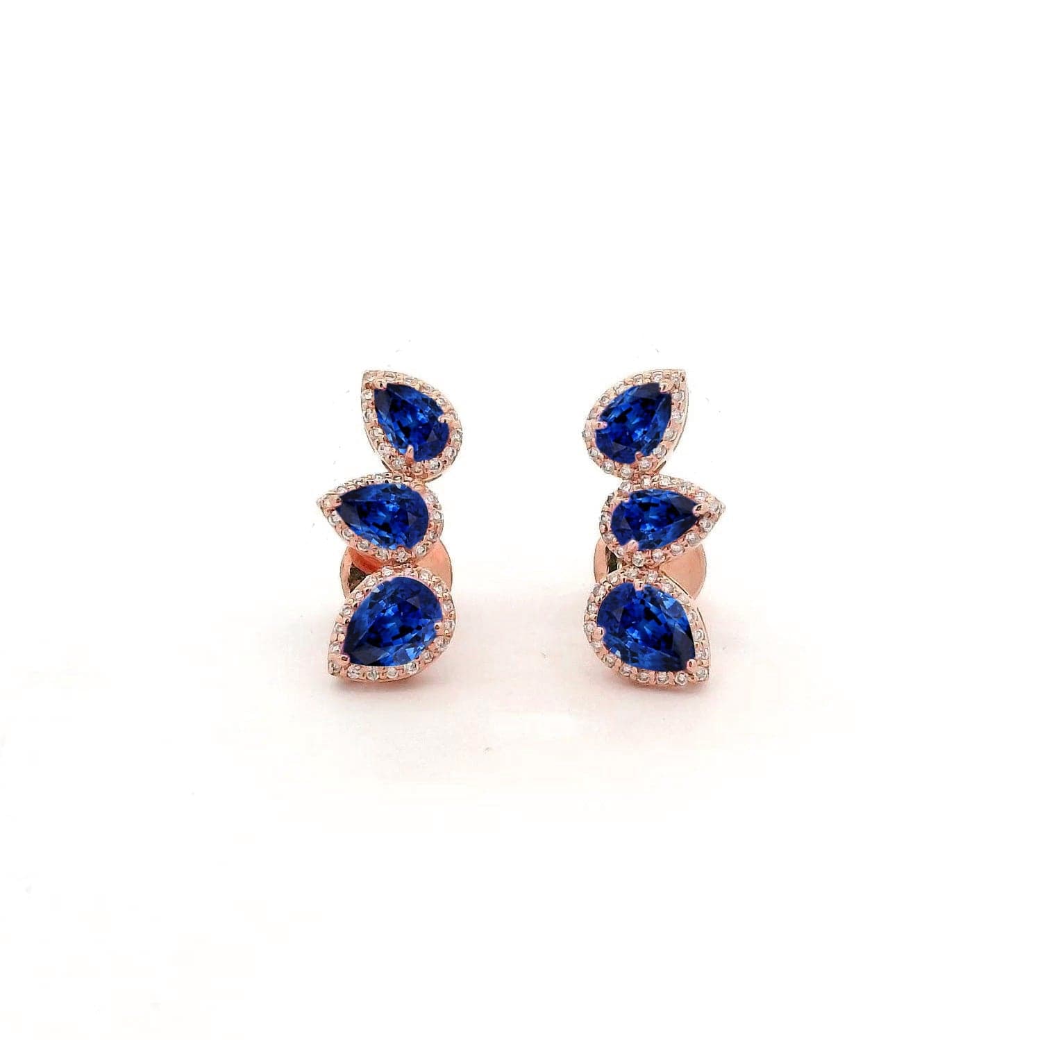 Earrings Rose Gold / 14K 14K & 18K Gold Three Pear Blue Sapphire and Diamond Crawler Earrings