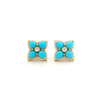 Earrings Rose Gold / 14K 14K & 18K Gold Turquoise and Diamond Clover Flower Stud Earrings