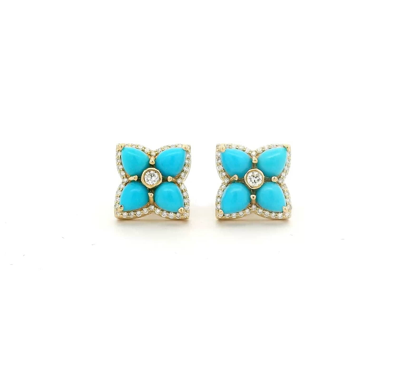 Earrings Rose Gold / 14K 14K & 18K Gold Turquoise and Diamond Clover Flower Stud Earrings