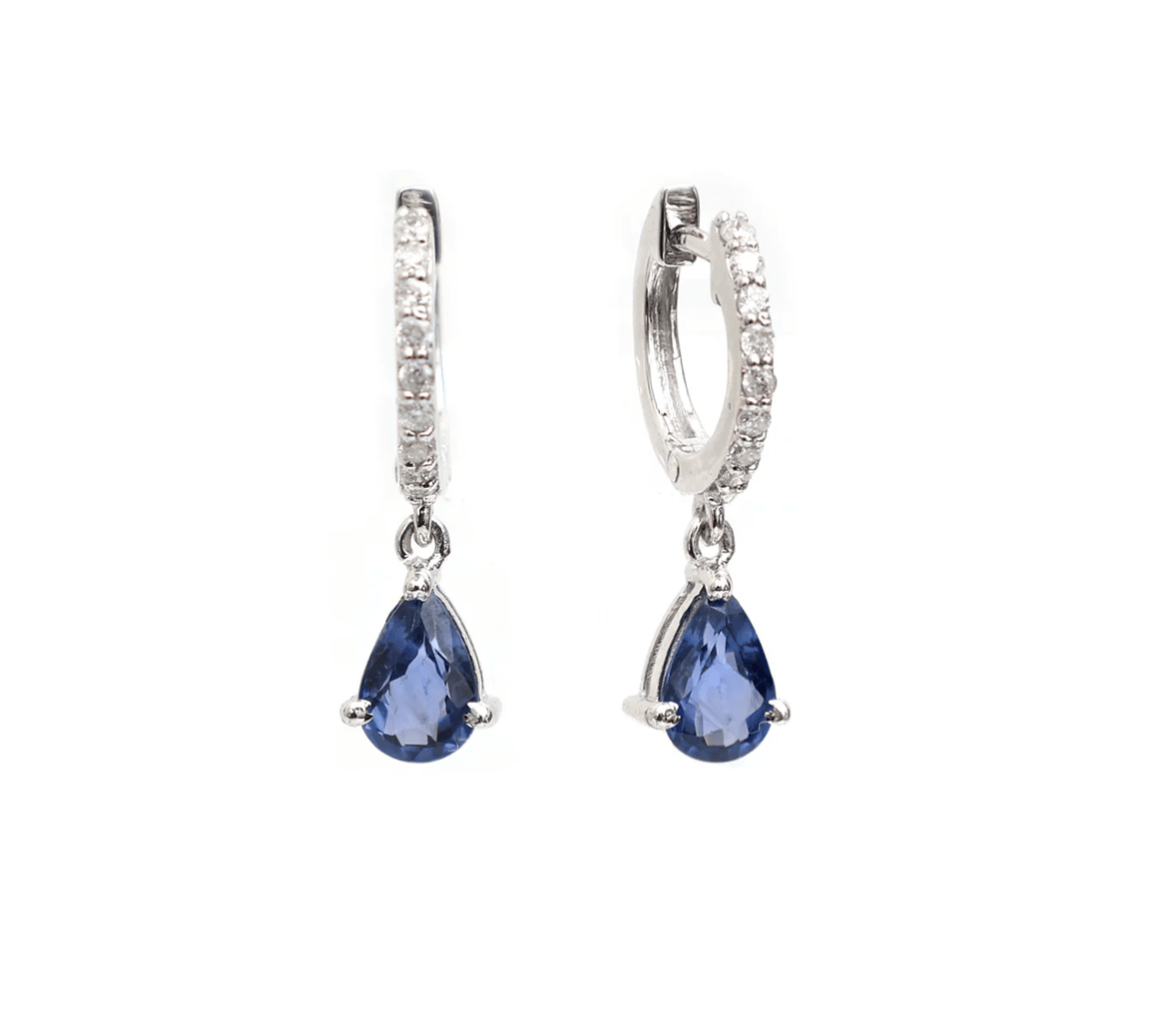 Earrings Rose Gold / 14K 14K and 18K Gold Blue Sapphire Pear Dangle Huggie Hoop Earrings