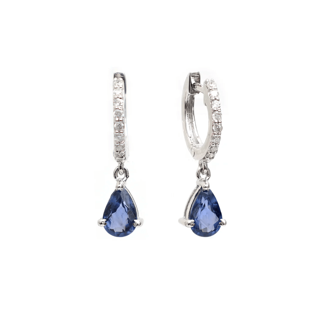 Earrings Rose Gold / 14K 14K and 18K Gold Blue Sapphire Pear Dangle Huggie Hoop Earrings