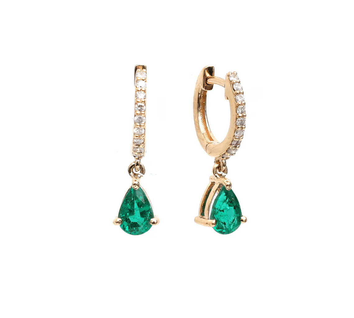 Earrings Rose Gold / 14K 14K and 18K Gold Emerald Pear Dangle Huggie Hoop Earrings