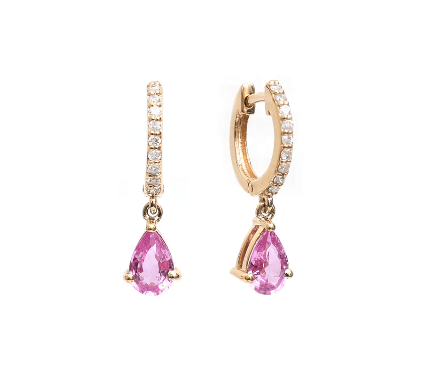 Earrings Rose Gold / 14K 14K and 18K Gold Pink Sapphire Pear Dangle Huggie Hoop Earrings