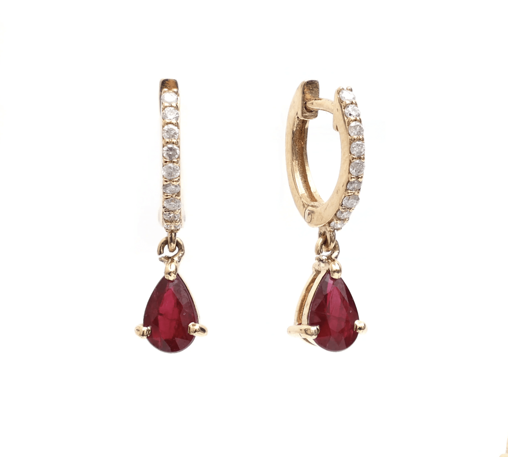 Earrings Rose Gold / 14K 14K and 18K Gold Ruby Pear Dangle Huggie Hoop Earrings