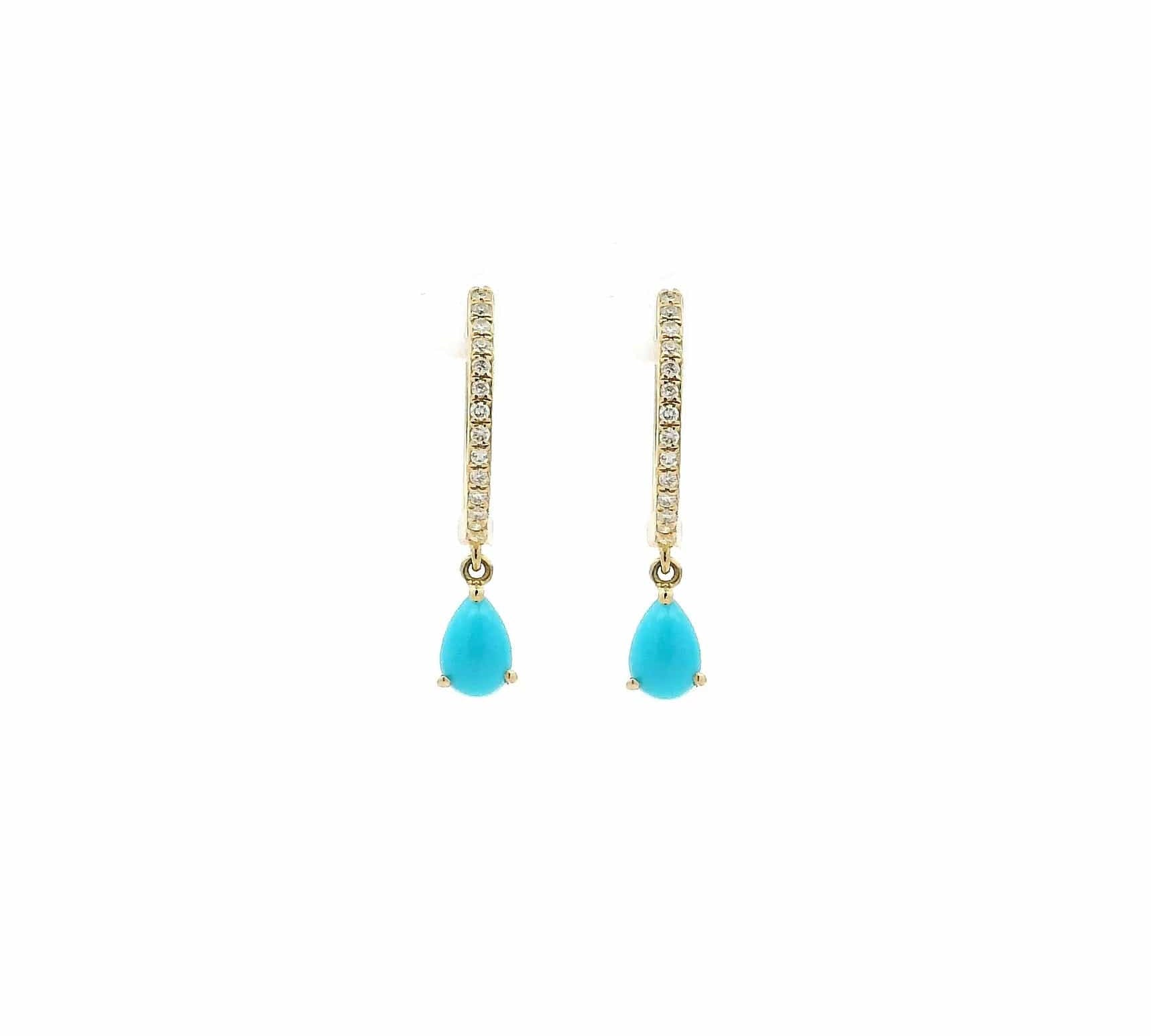 Earrings Rose Gold / 14K 14K and 18K Gold Turquoise Pear Dangle Huggie Hoop Earrings