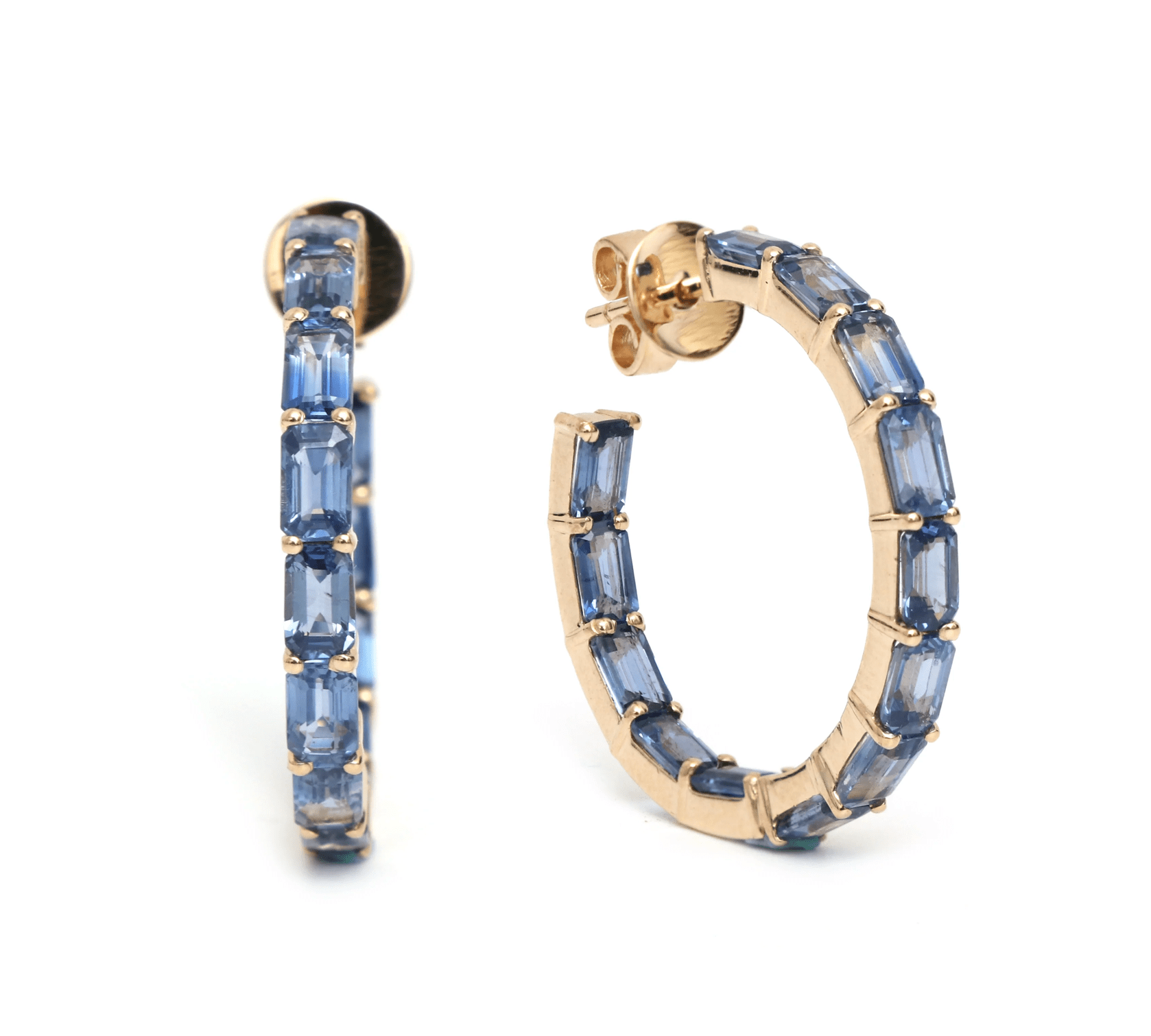 Earrings Rose Gold 14K & 18K Gold Blue Sapphire Inside Outside Hoop Earrings