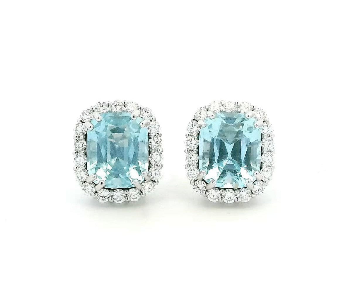 Earrings Rose Gold / 14K 18K Gold Cushion Cut Aquamarine and Halo Diamond Stud Earrings
