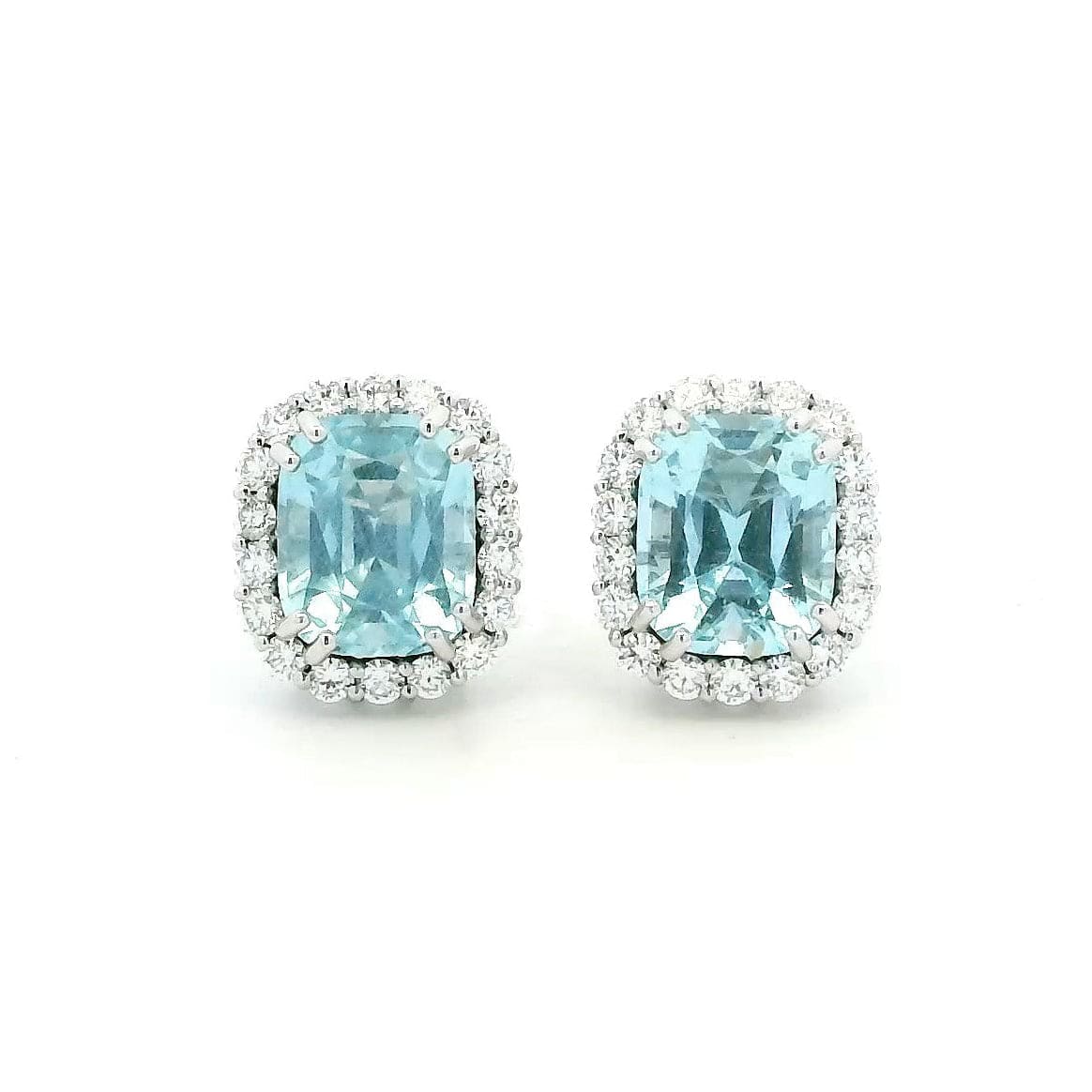 Earrings Rose Gold / 14K 18K Gold Cushion Cut Aquamarine and Halo Diamond Stud Earrings