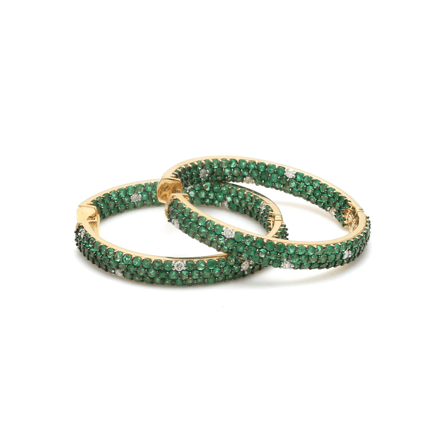 Earrings Rose Gold 14K & 18K Gold Emerald & Diamond Inside Outside Hoop Earrings